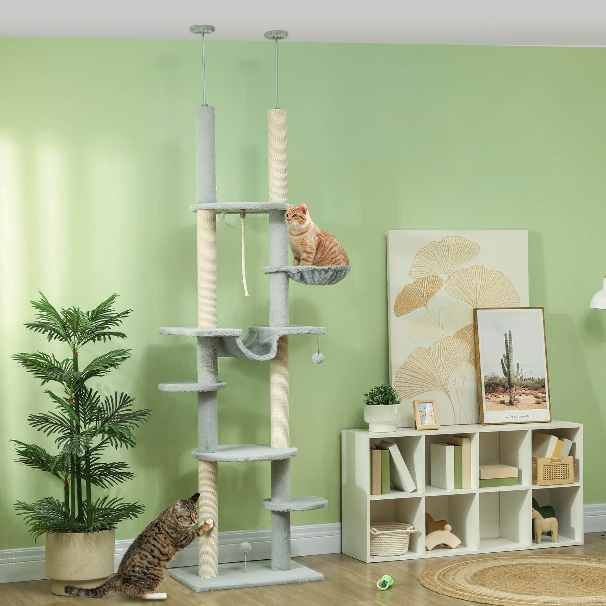 PawHut Árbol para Gatos de Suelo a Techo 225-255cm 7 Niveles Rascador Gris | Torre para Gatos, Hamacas, Plataformas, Juguete de Cuerda, Bola de Juguete