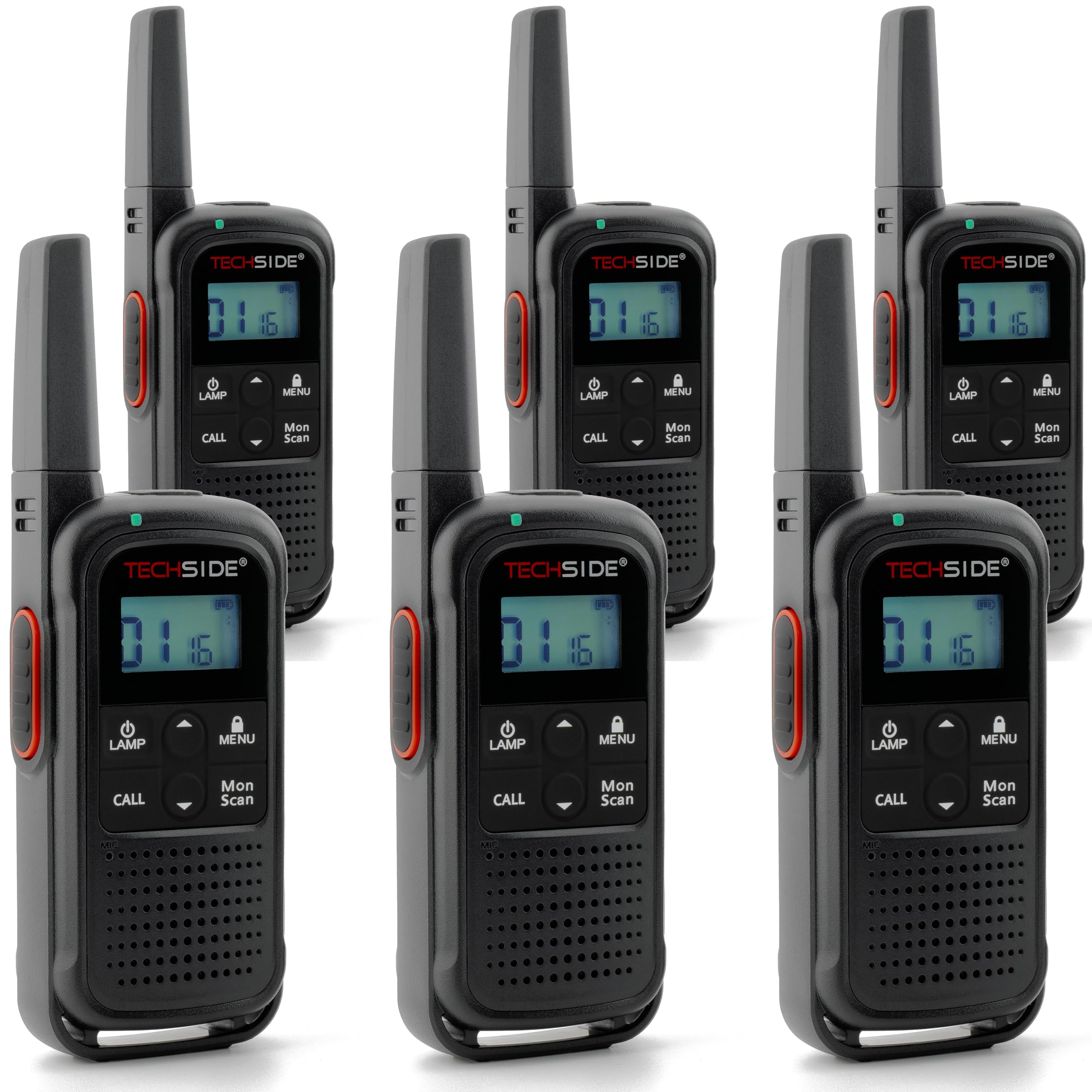 TechSide TS-T3 Go Walkie Talkie PMR446, 16 Canales, Alcance de 10 km, Carga USB-C, con Linterna LED, 6 Unidades