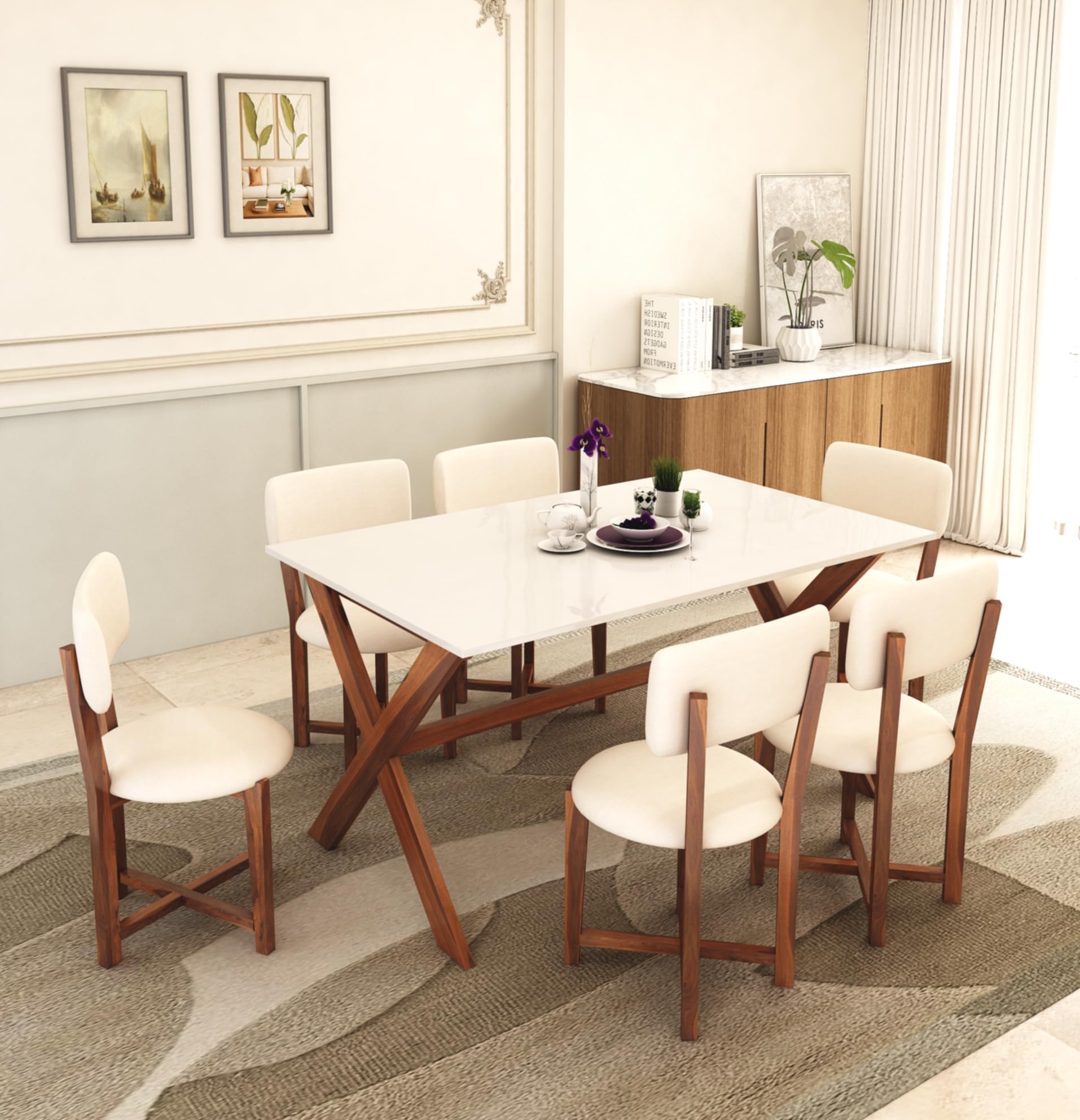 Sheesham Wood 57" Dining Table 6 Seater | Marble Finish Six Seater Dinning Table Set with 6 Upholstered Dining Chairs | Table Top: Premium HDMR Wood | Chair: Round Edge | White & Honey-image-31