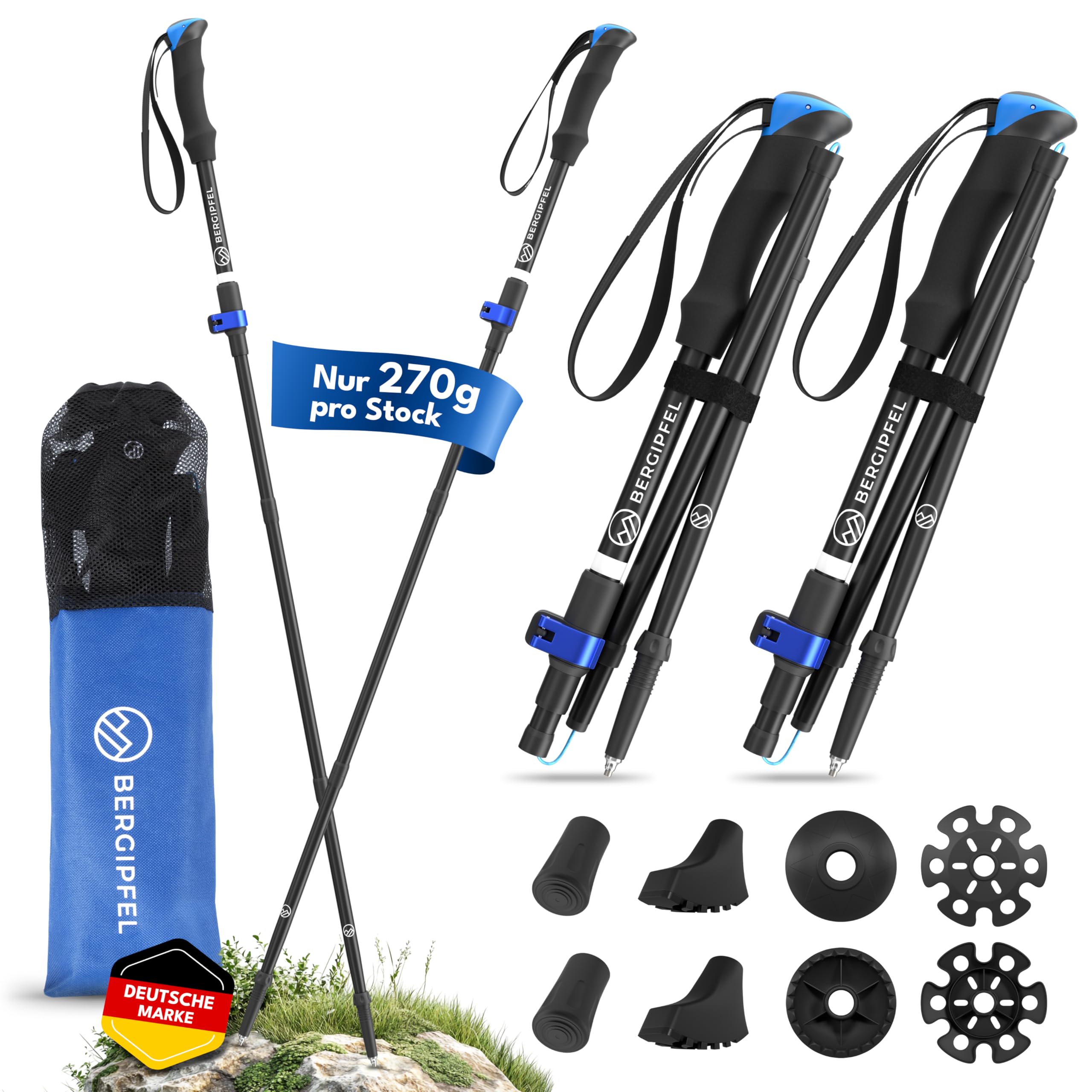 Teleskop-Wanderstöcke|Ultraleicht 270g|faltbar auf 37cm|verstellbar 115–130cm|Walkingstöcke aus Flugzeugaluminium|mit All-Terrain-Zubehör und Tasche|für Damen, Herren, Jugendliche