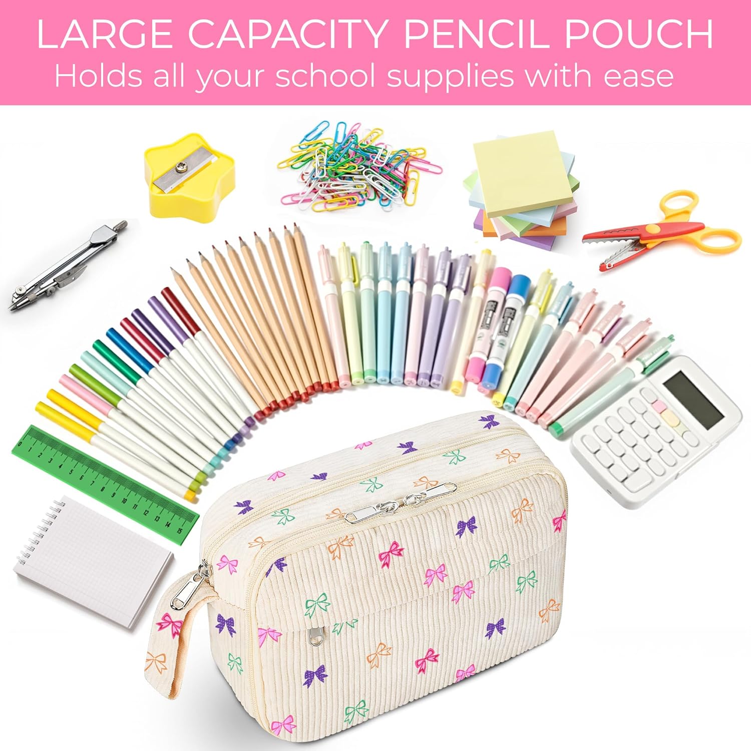 Cute Pencil Case,Large Corduroy Zippered Pencil Case Pouch, aesthetic Pencil Bag with Compartments, Pencil Pouch School Supplies (HY-corduroy pc-coloful bow) - Image 5