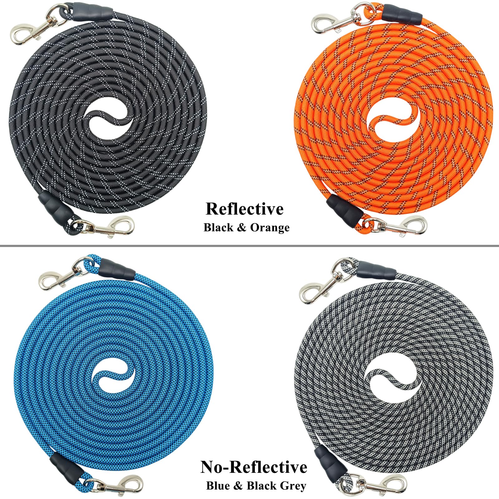 Laisse réfléchissante pour chien de 4,6 m, 9,1 m, 15,2 m de long, corde d'attache réfléchissante pour jardin, dressage d'obéissance, camping, jeu, tapis de jardin pour chiens de grande et