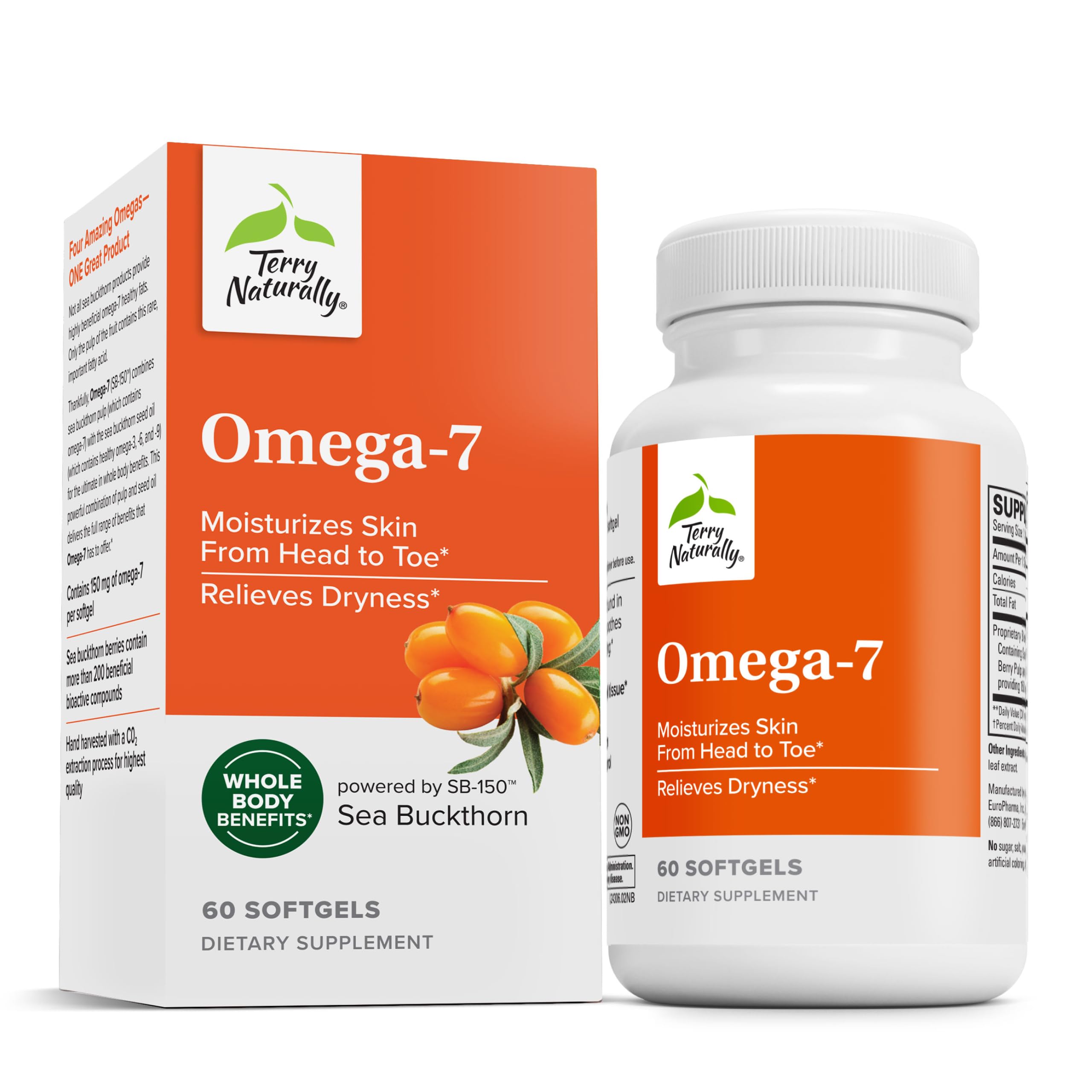 Terry Naturally Omega-7 - Dietary Supplement with Essential Fatty Acids - Nutritional Supplement to Support Skin Health with Sea Buckthorn, Berry Pulp & Seed Oil - 60 Softgels (Pack of 2)