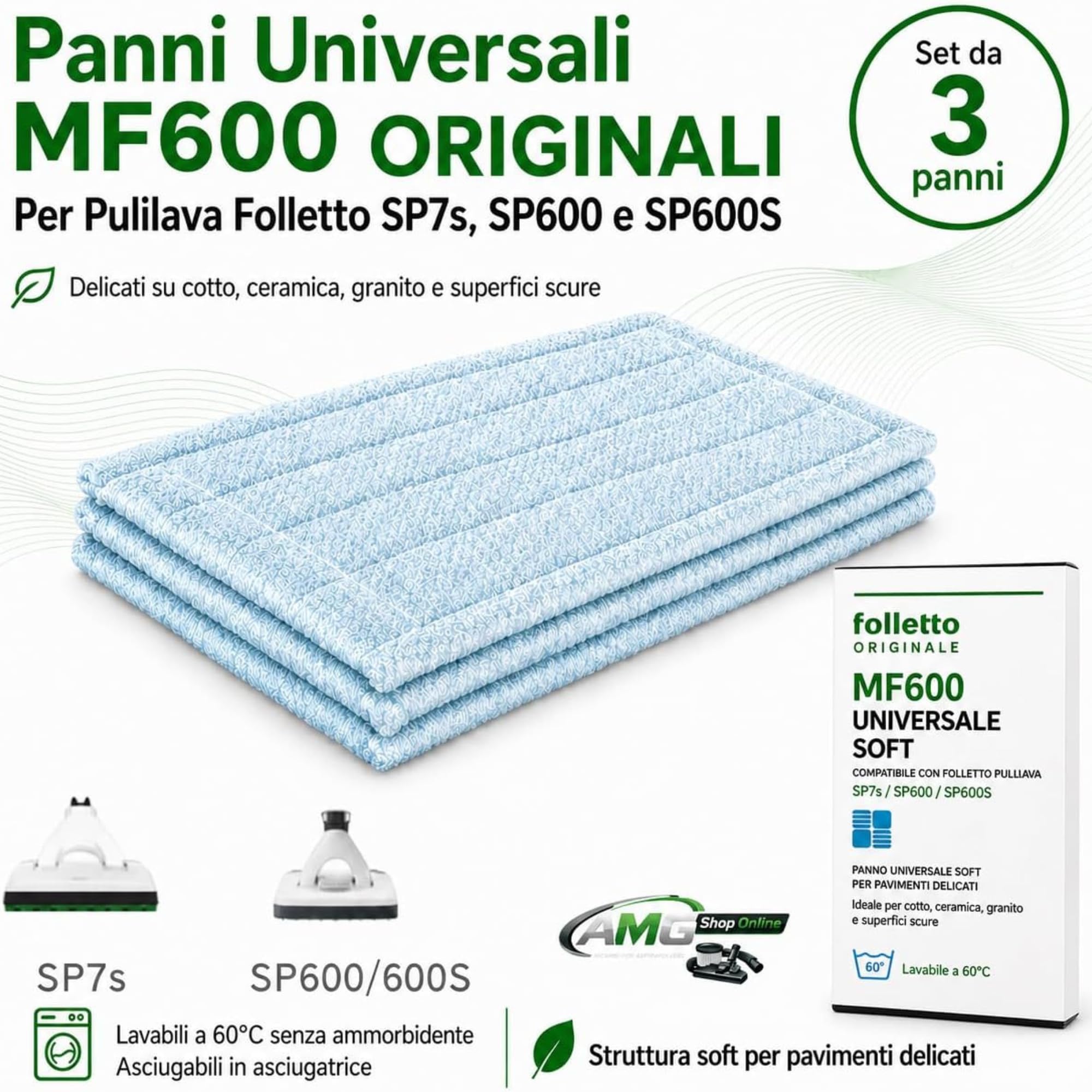 SET 3 PANNI LAVAPAVIMENTI Universale Soft MF600 ORIGINALE + Detergente KOBOCLEAN per Folletto Pulilava SP7s, SP600 e SP600S - Ricambi Folletto per Pavimenti Delicati, Cotto, Ceramica, Granito