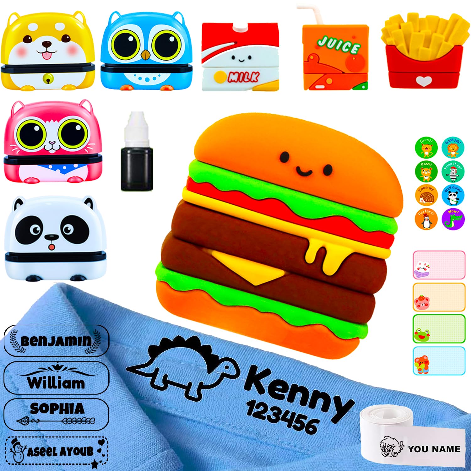 Sello Ropa Niños Personalizado, Sello Personalizado para Ropa de Niños - Marcador de Nombre Resistente al Agua, Etiquetas Infantiles Textiles con Variedad de Estilos e Iconos (Animal)