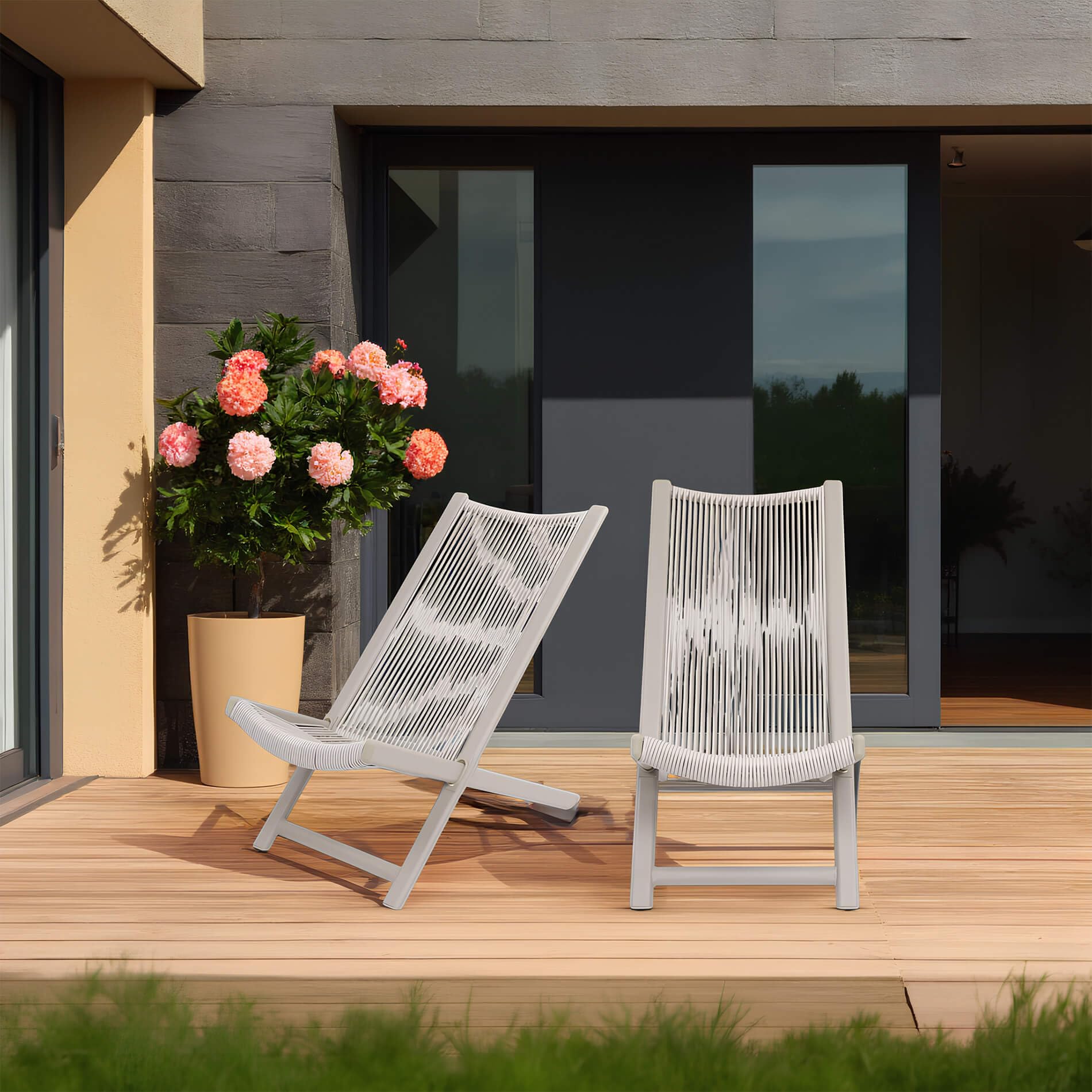 Rebecca Mobili Juego de 2 tumbonas de jardín, asientos de exterior, gris pardo, acero poliratán, diseño moderno, montaje empotrado, para balcón, camping – Medidas 79 x 48 x 90 cm – Art. RE7181
