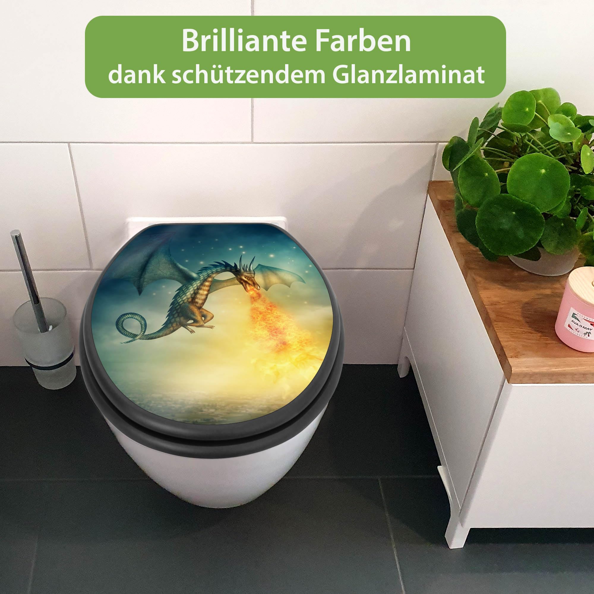 banjado WC Sitz für Kinder - Absenkautomatik leise - 38 x 46,5cm O-Form - MDF Holz Toilettendeckel anthrazit - Klositz grau pflegeleicht für Badkomfort - Motiv Drachen