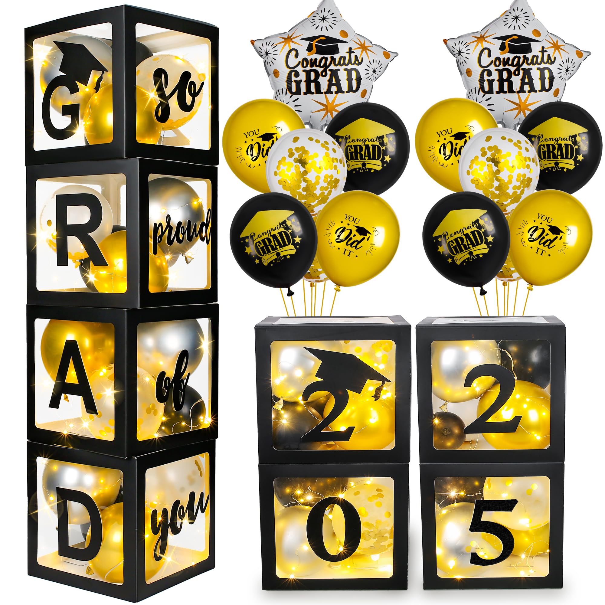 AYGXU Graduation Decorations 2025-Graduation Party Decorations,Graduation Balloons Boxes(4PCS) with LED Light Strings & Letters 2025 GRAD So Proud of You,Party Favors For Any Grades Class.