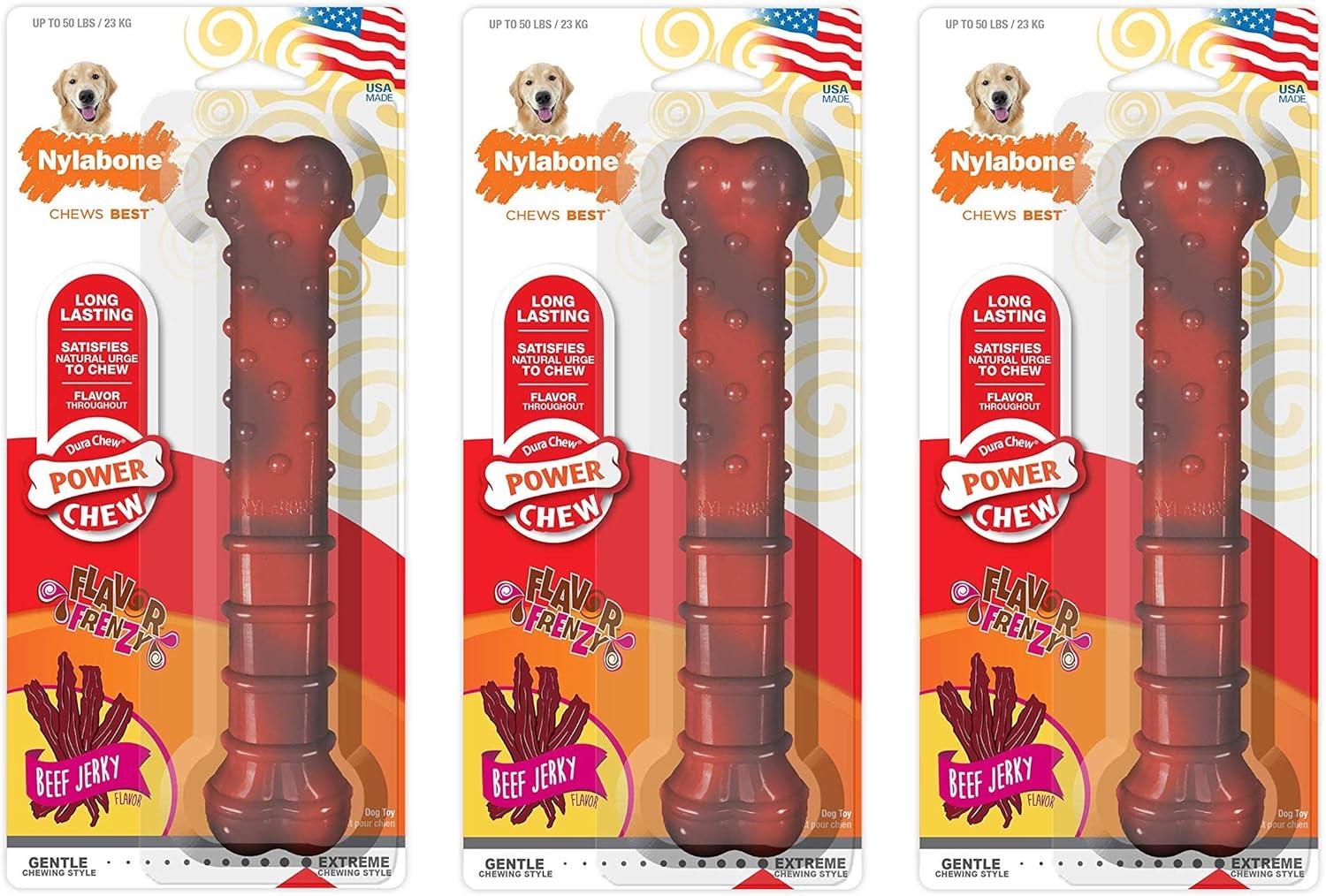 Nylabone 3 Pack of Power Chew Textured Chew Toys, Giant, Beef Jerky Flavor Bone for Dogs Up to 50 Pounds, Made in The USA