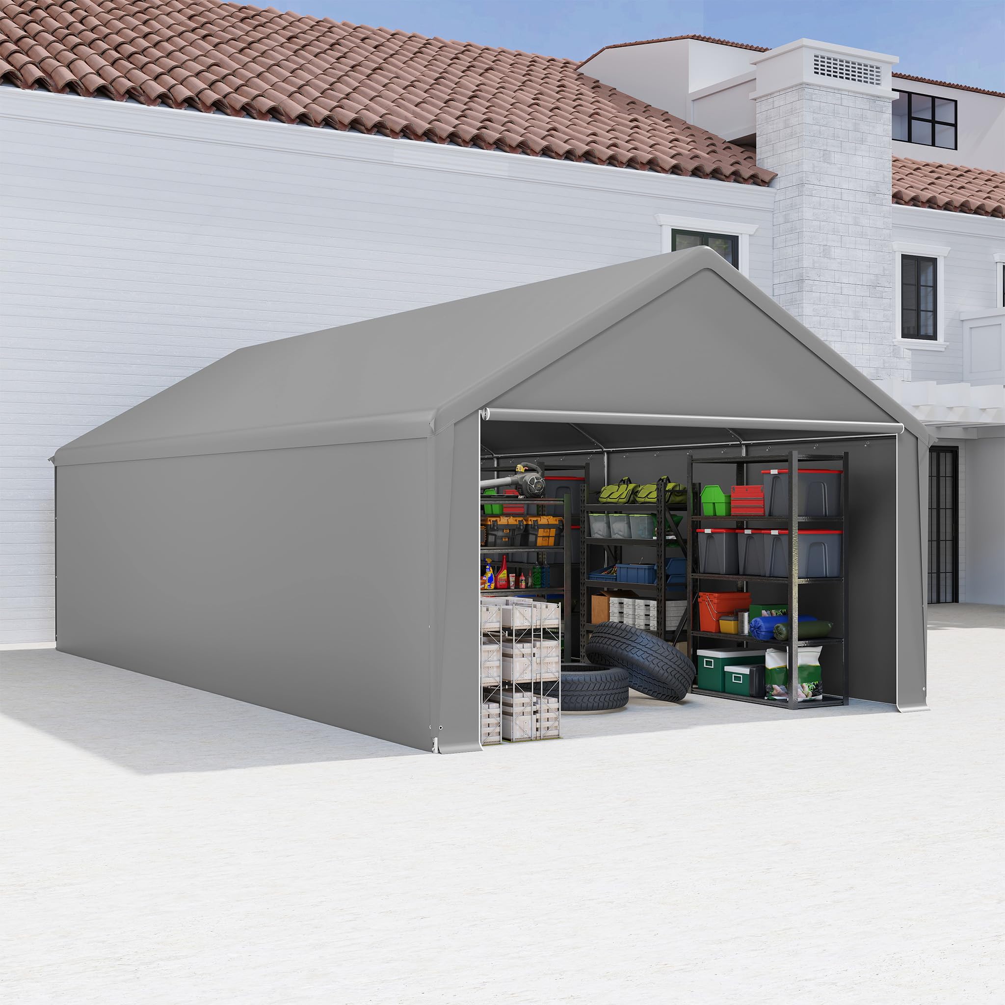 FIVMEN Carport, tente, 4 x 8 m, grande tente de garage, de rangement, avec parois latérales amovibles, résistant à l'hiver, mobile, pour voiture, SUV, camion, gris