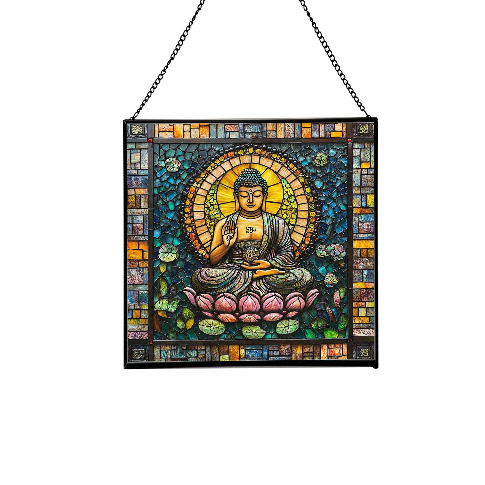 Buddha Dharma Ecosystem Stained Glass Suncatcher – Square Hanging Window Panel for Meditation Room, Zen Space, or Home – Peaceful Spiritual Glass Art Gift, Christmas, Thanksgiving c0c5HJ