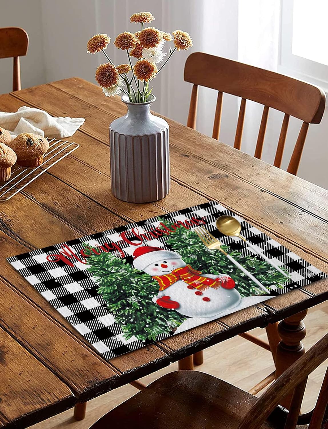 Christmas Placemats Set of 6 Winter Snowman Xmas Tree Tablemats for Dinner Table Christmas Black Buffalo Plaid Table Mats for Holiday Cotton Linen Place Mats