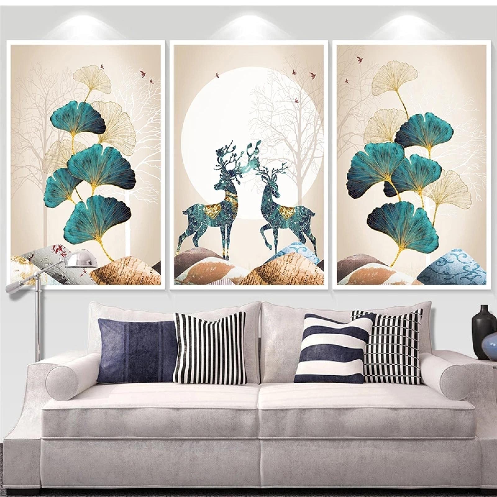 Art mural pour salon chaleureux : triptyque feuilles de ginkgo vert - 8