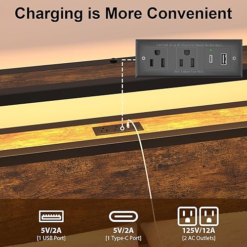 Miniatura 5 de Queen Size Bed Frame with Charging Station and LED Lights, Metal Platform Bed with 2-Tier Storage Headboard, Noise Free, No Box Spring Needed, Easy