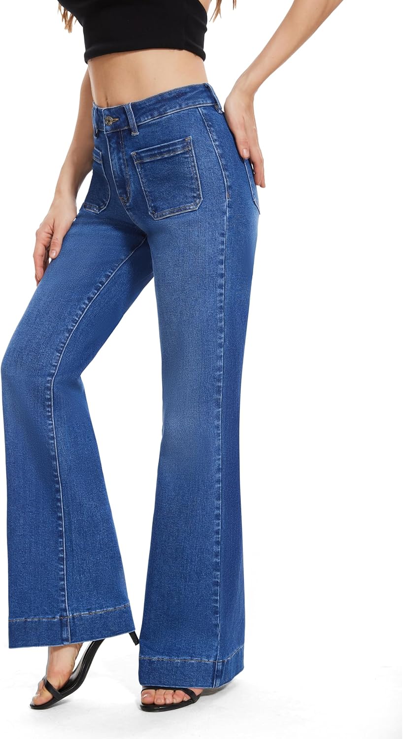 FLYING BANANA Women's Flare High Waisted Bell Bottom Wide Leg Jeans Baggy Stretch Trendy Denim with Pockets - Image 2
