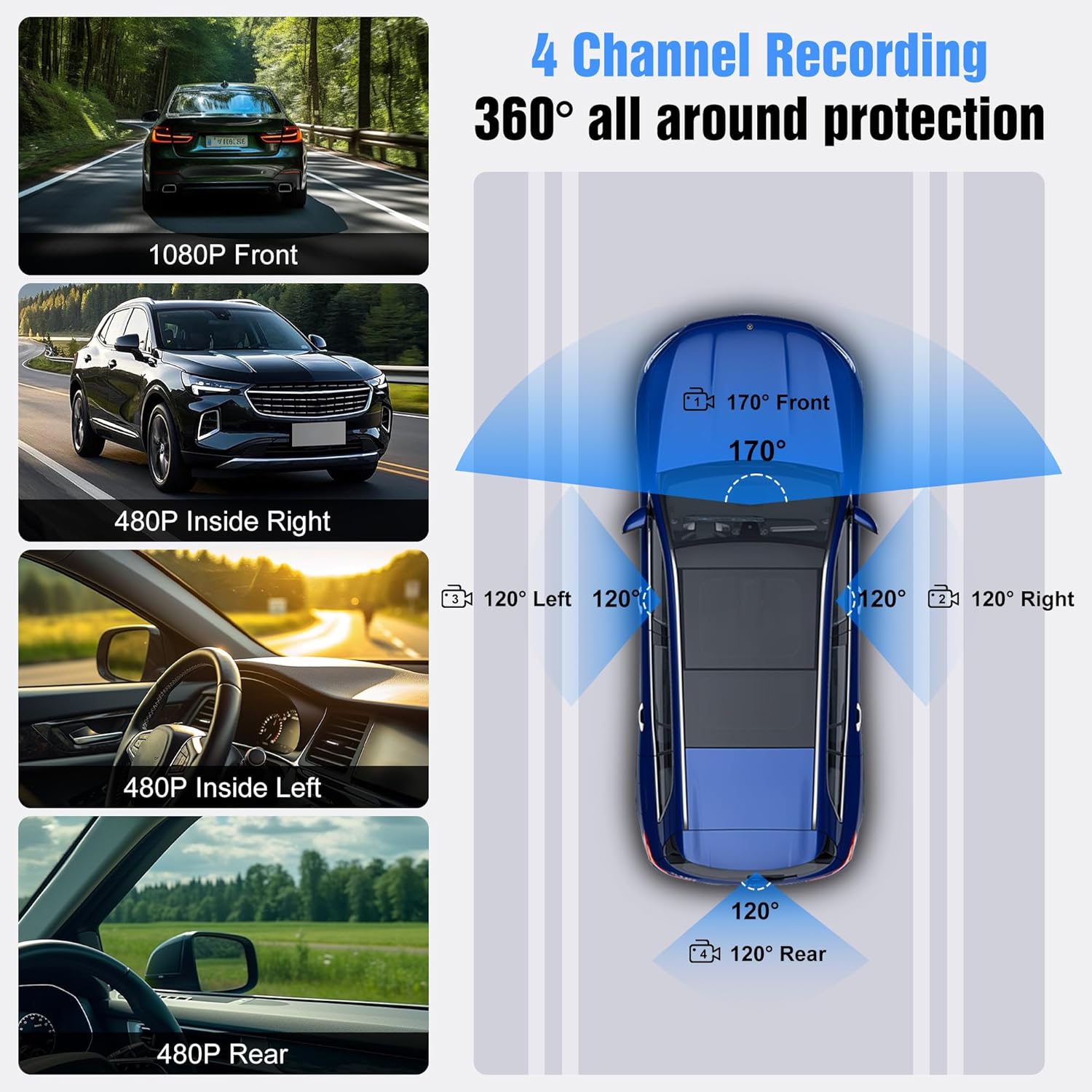 4 Channel Dash Cam Front and Rear Inside | 1080P Car DVR Video Recorder with 4 Camera | Included 32GB Card | 170° Wide Angle | IR Night Vision | 24/7 Parking Monitor with G-Sensor | Loop Recording