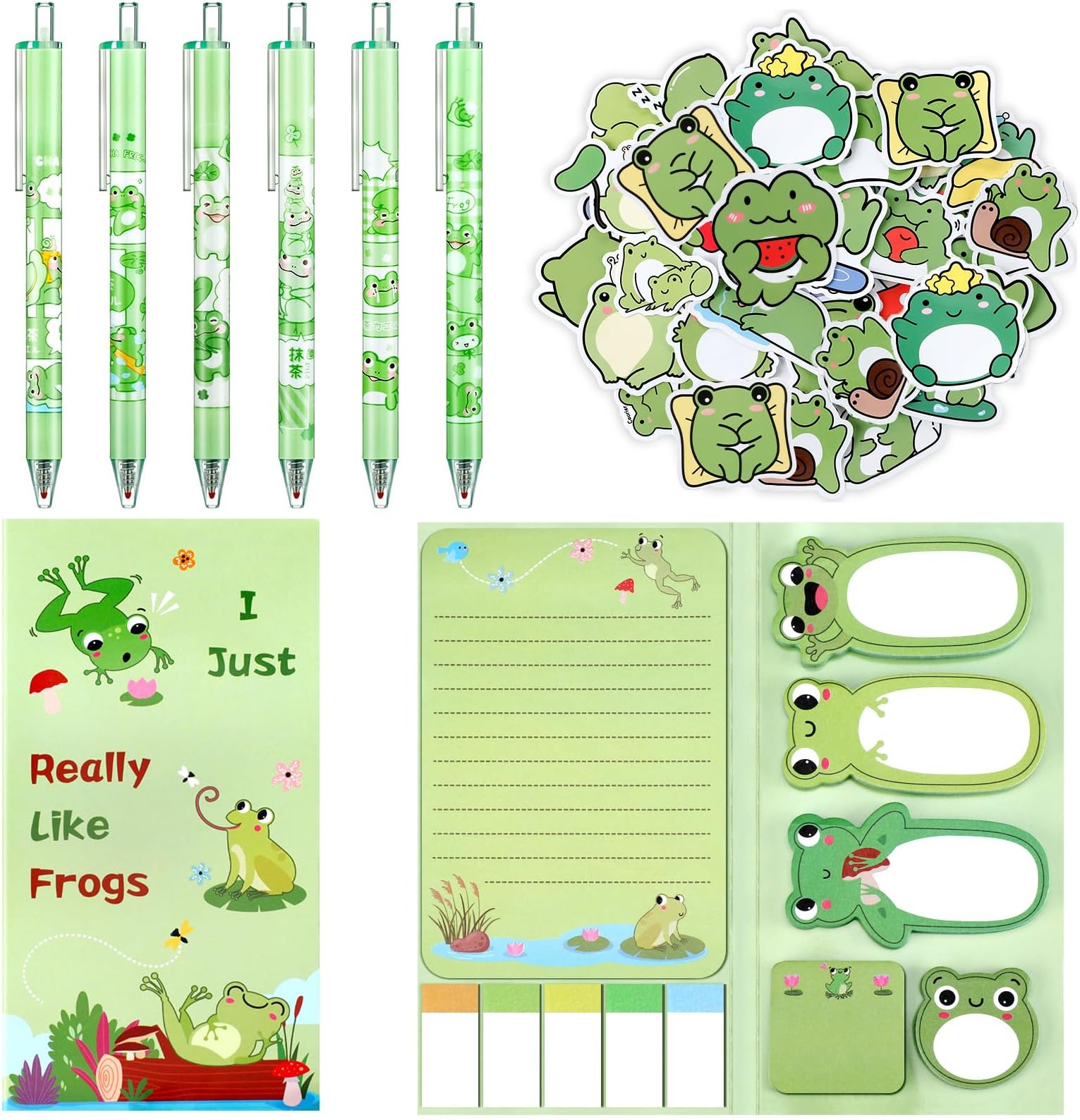 57 Pcs Frog School Supplies Include 550 Sheets Frog Sticky Notes Divider Self Stick Notes Pads Set 6 Cartoon Frog Ballpoint Pens Cute Animal Retractable Pens 50 Frog Stickers for School Office