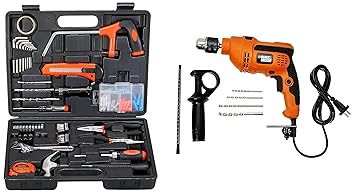 BLACK+DECKER KR554RE 550W 13mm Variable Speed Reversible Hammer Drill Machine Set (4-Pieces) with BLACK+DECKER BMT108C Hand Tool Kit (108-Pieces)