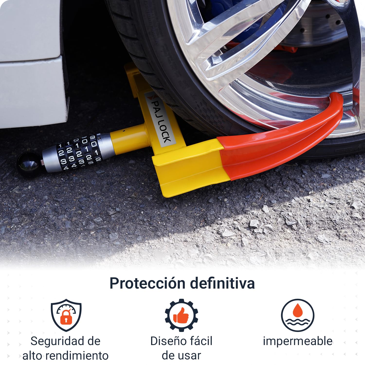 PAJ LOCK Cepo Antirrobo para Ruedas – Bloqueo de Rueda Universal para Coches, SUV, Furgonetas, Motos, Autocaravanas y Remolques – Mordaza Ajustable con Candado de Seguridad, Aparcamiento Seguro