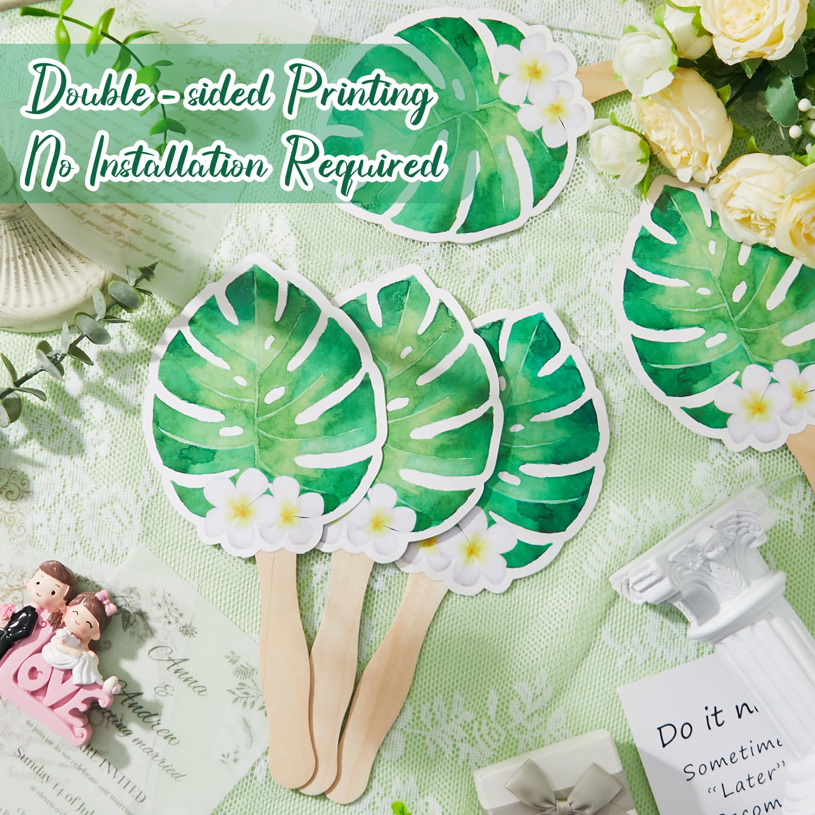 Beeveer Papierfächer mit Palmblättern, Pappfächer, Hochzeitsfächer mit Holzstäbchen, Blumenmuster, Papierfächer für Gäste, Feiern, Gastgeschenke, 50 Stück