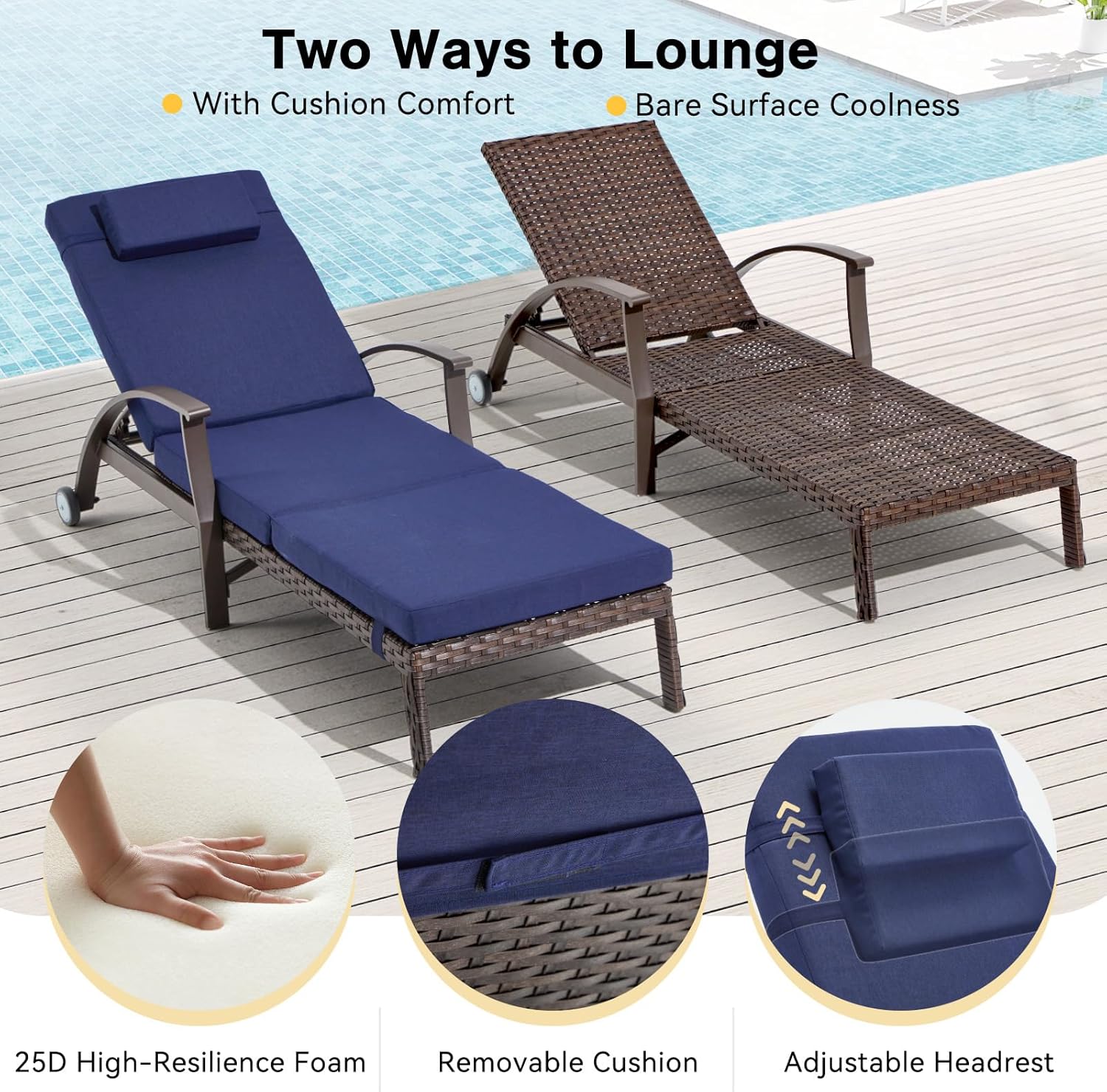 Outdoor Chaise Lounge Chairs Set of 2 with Wheels & Adjustable Backrest, Pool Lounge Chairs Set of 2 with Cushions, Wicker Poolside Lounge Chairs for Patio Deck Backyard, Blue