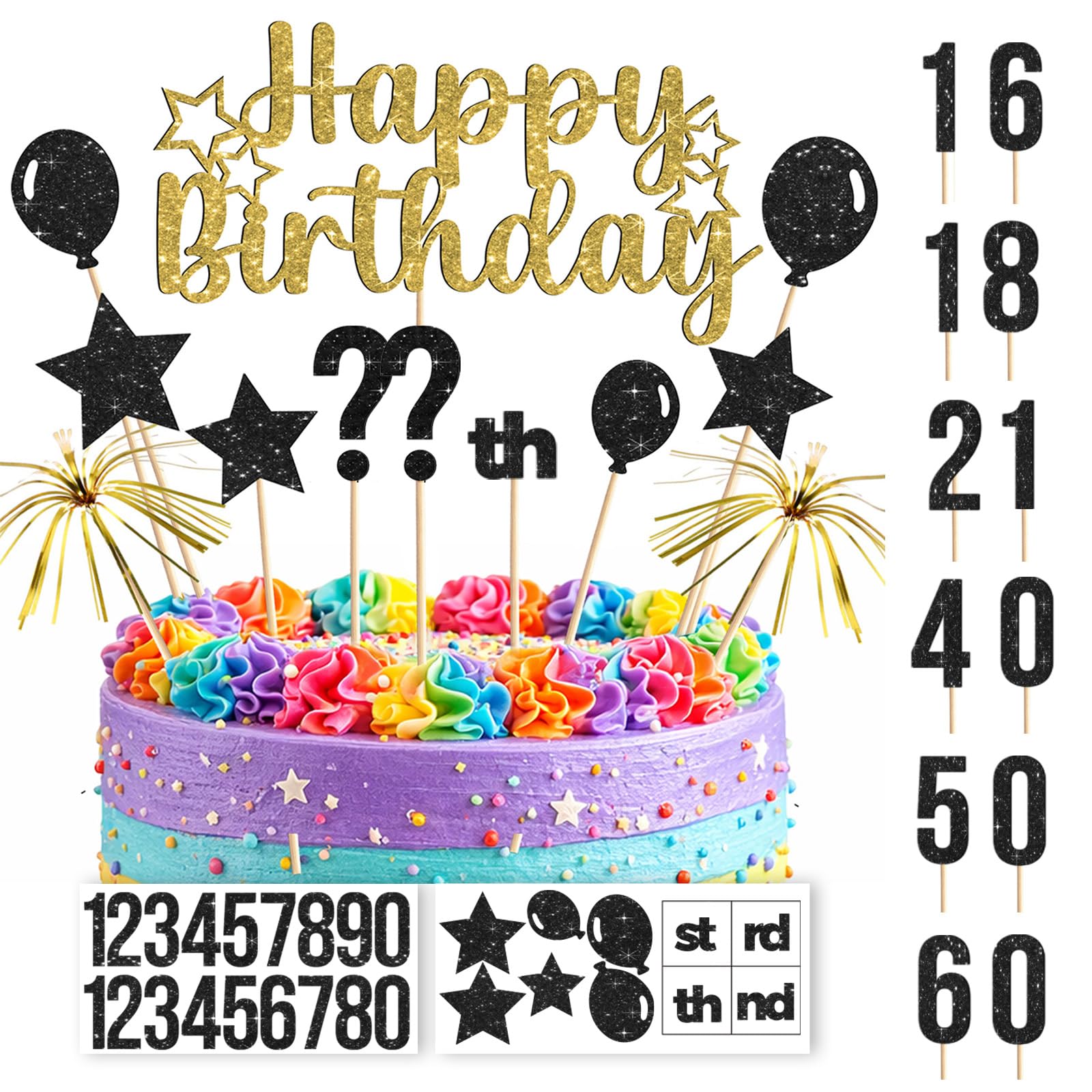 Happy Birthday Cake Topper Set with Numbers – Gold Glitter DIY Age Cake Decorations, Stars, Balloons, Sparkler Picks, Birthday Party Cake Decor Supplies for Any Age