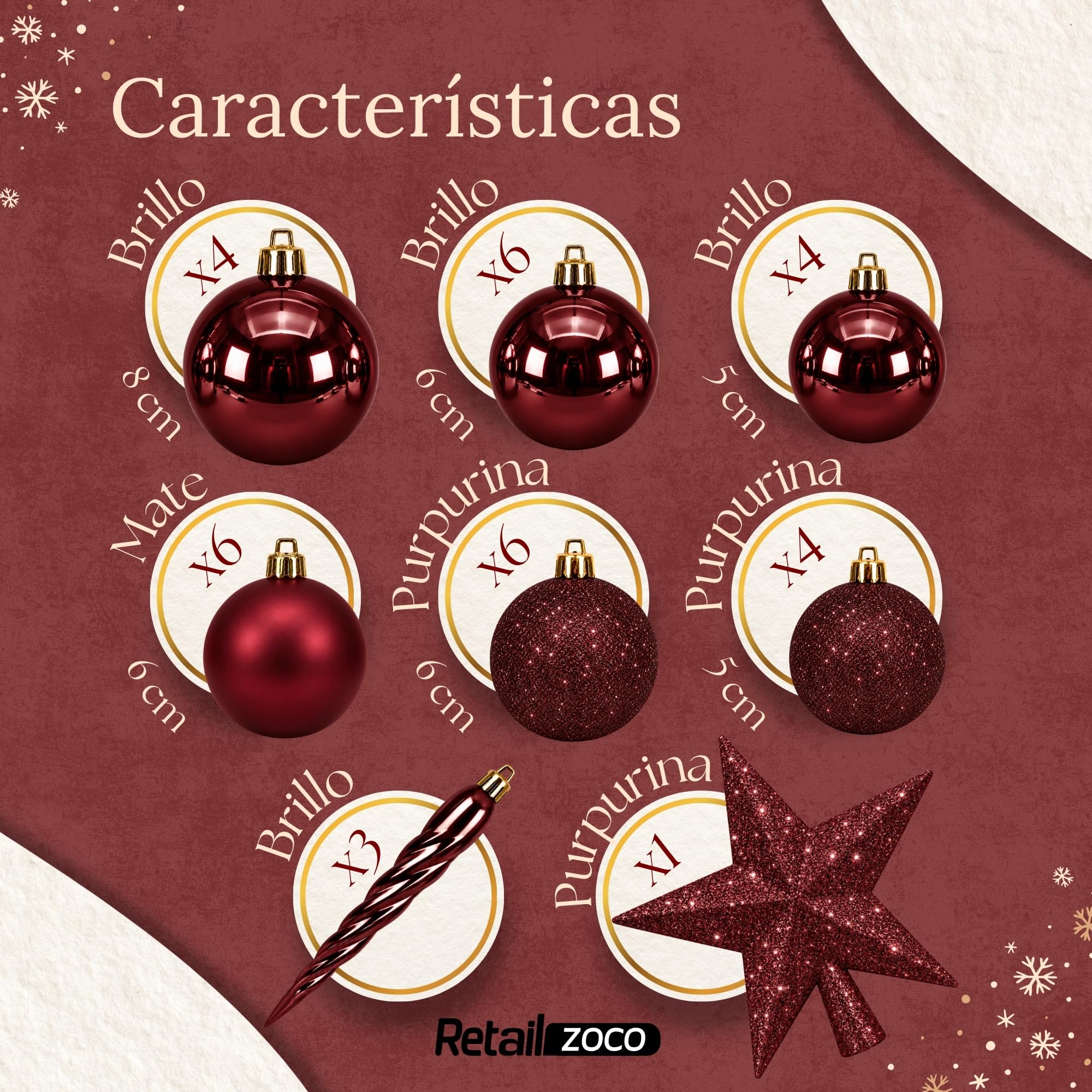 Bolas de Navidad, Adornos Arbol Navidad, 33 Piezas, Rojo Oscuro - imagen 4