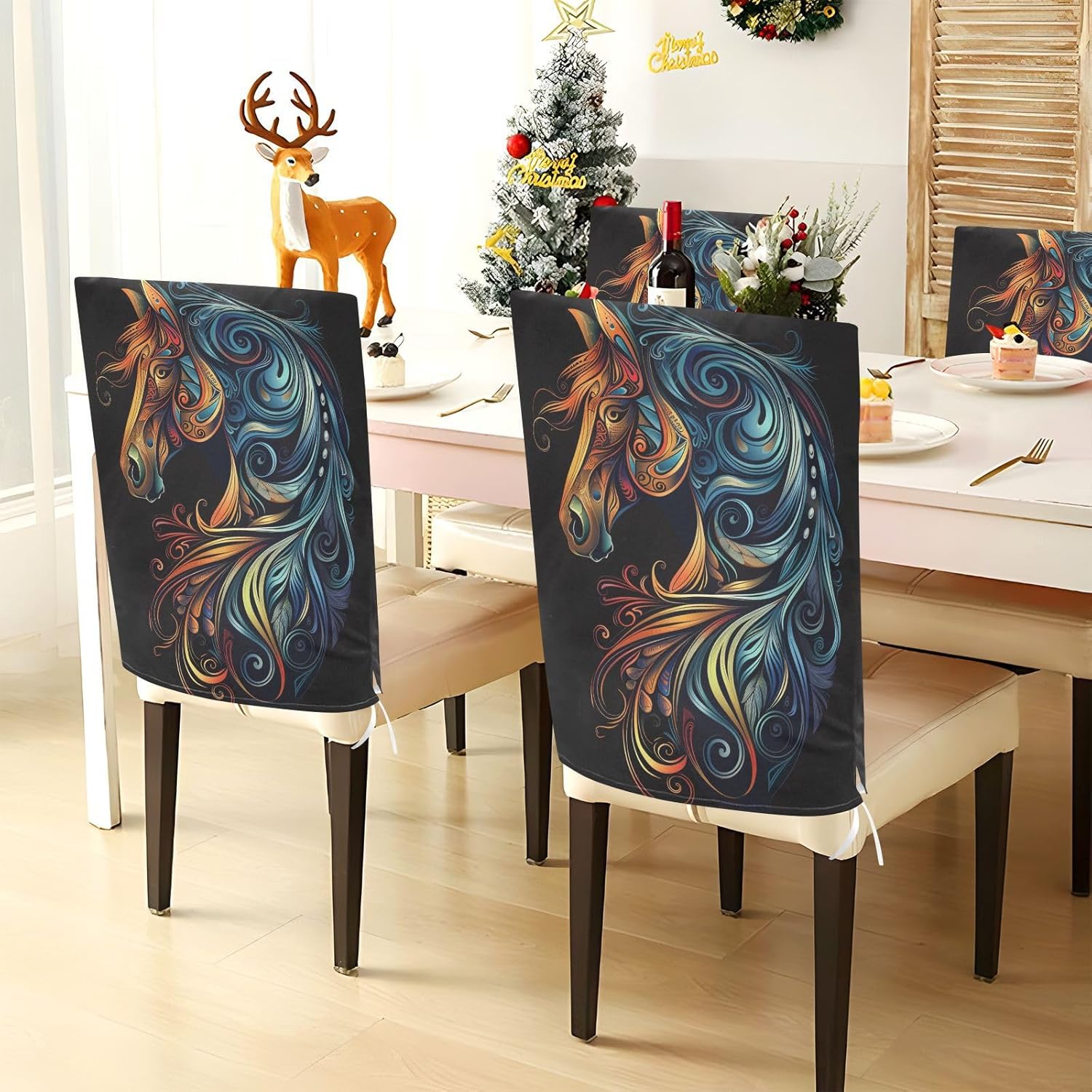 ALAZA Tribal Style Horse Chair Back Cover Set of 6, Washable Reusable Removable Chair Slipcovers Decorative Chair Cover for Home Kitchen Wedding Party