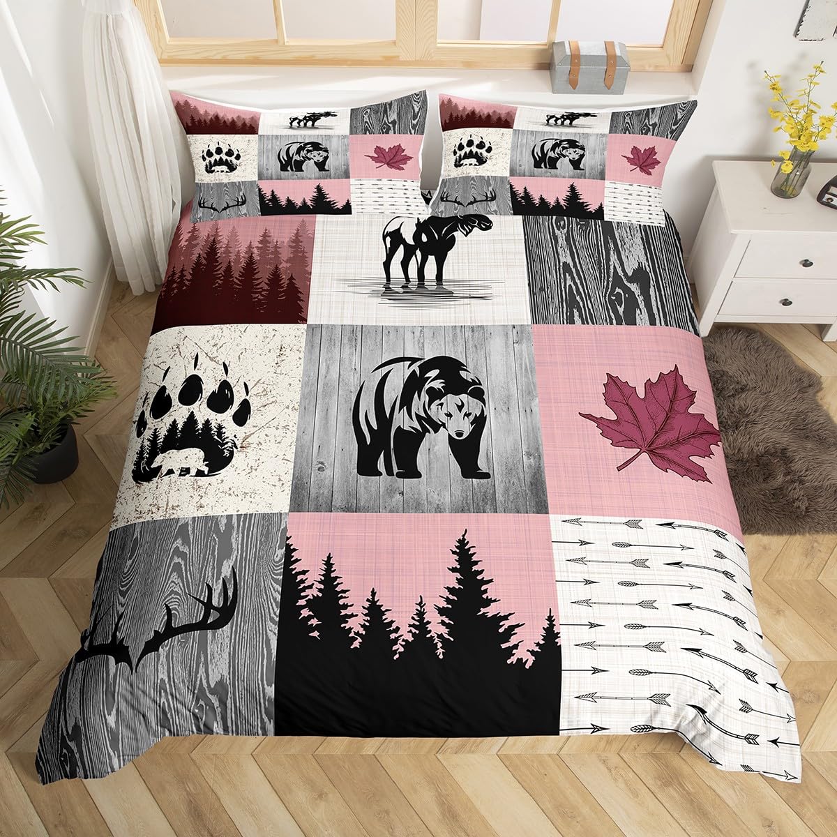 Adventure Duvet Cover Set Double Size, Bear Deer Pink Grid Patchwork Comforter Cover with 2 Pillowcases