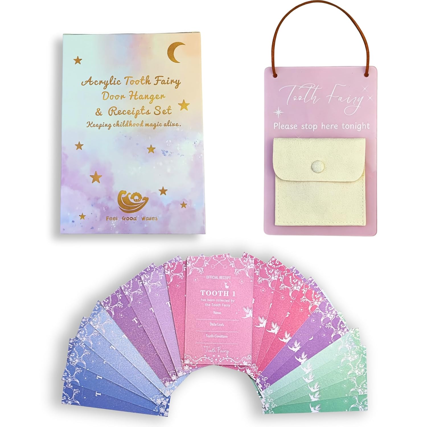 Acrylic Tooth Fairy Door Hanger with Tooth Pouch & 20 Rainbow Tooth Receipts - Tooth Fairy Holder Keepsake Gift for Kids' Lost Teeth, Boys and Girls (Dusty Pink)