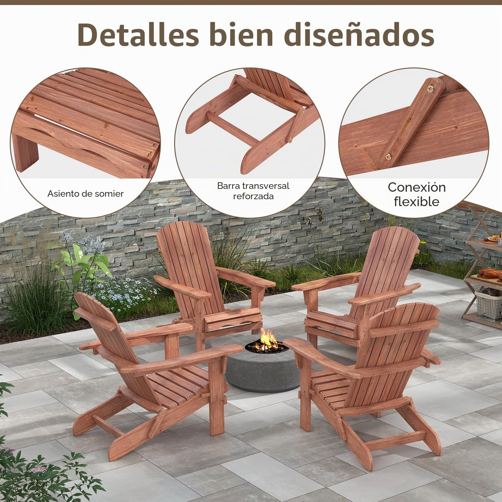 GOPLUS Adirondack Juego de 2 sillas Adirondack plegables de madera de abeto, soporta hasta 180 kg, con respaldo ergonómico y reposabrazos anchos, silla de madera para exteriores, jardín, patio, balcón