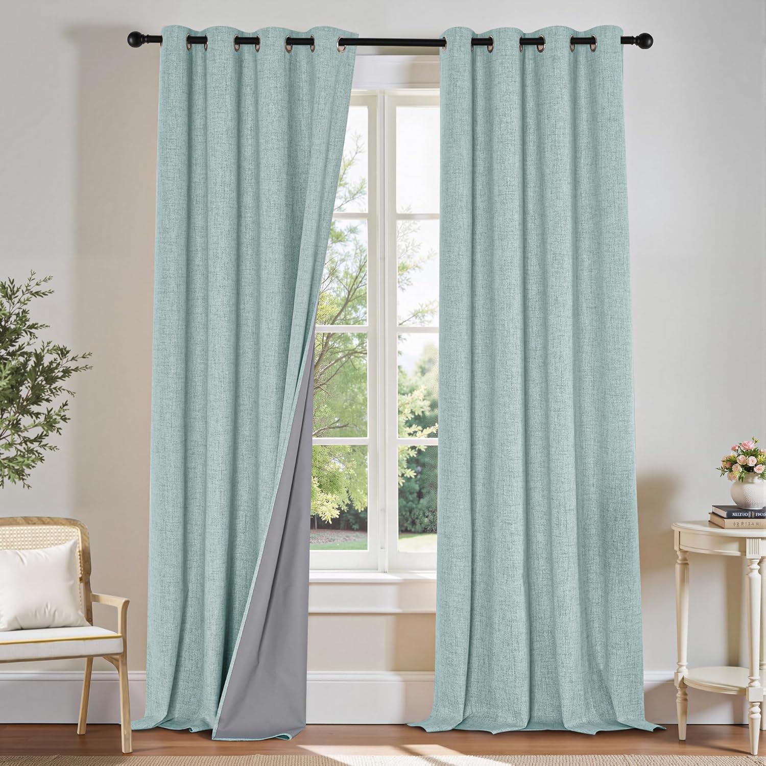 PONY DANCE 100% Blackout Linen Bedroom Curtains 95 inches Long, Noise Reducing Window Treatment Drapes for Living Room,Thermal Insulated Curtain for Nursery, 52" W x 95" L, Seafoam Green,2 Panels
