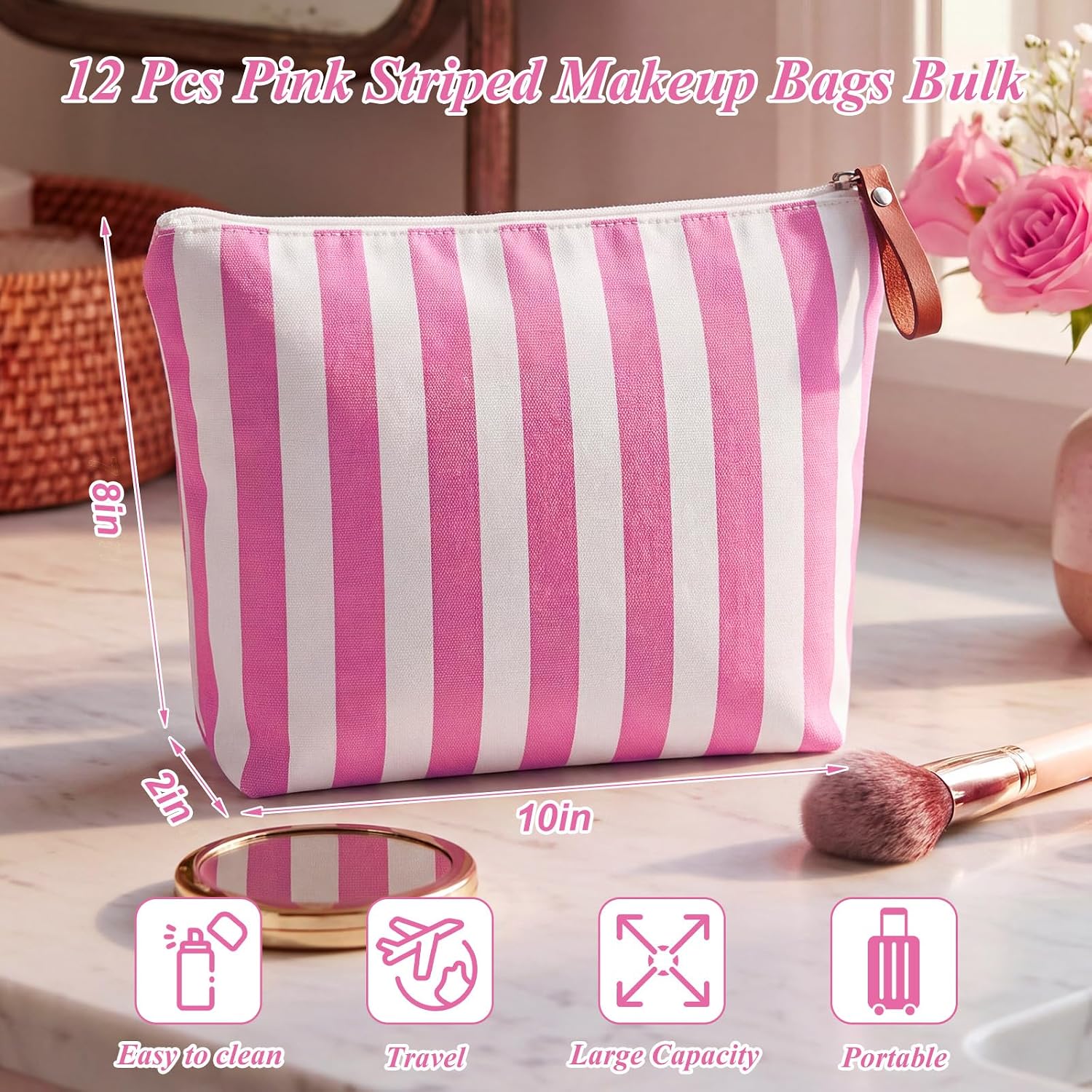 Hillban 12 Pcs Pink Striped Makeup Bags Bulk image 2