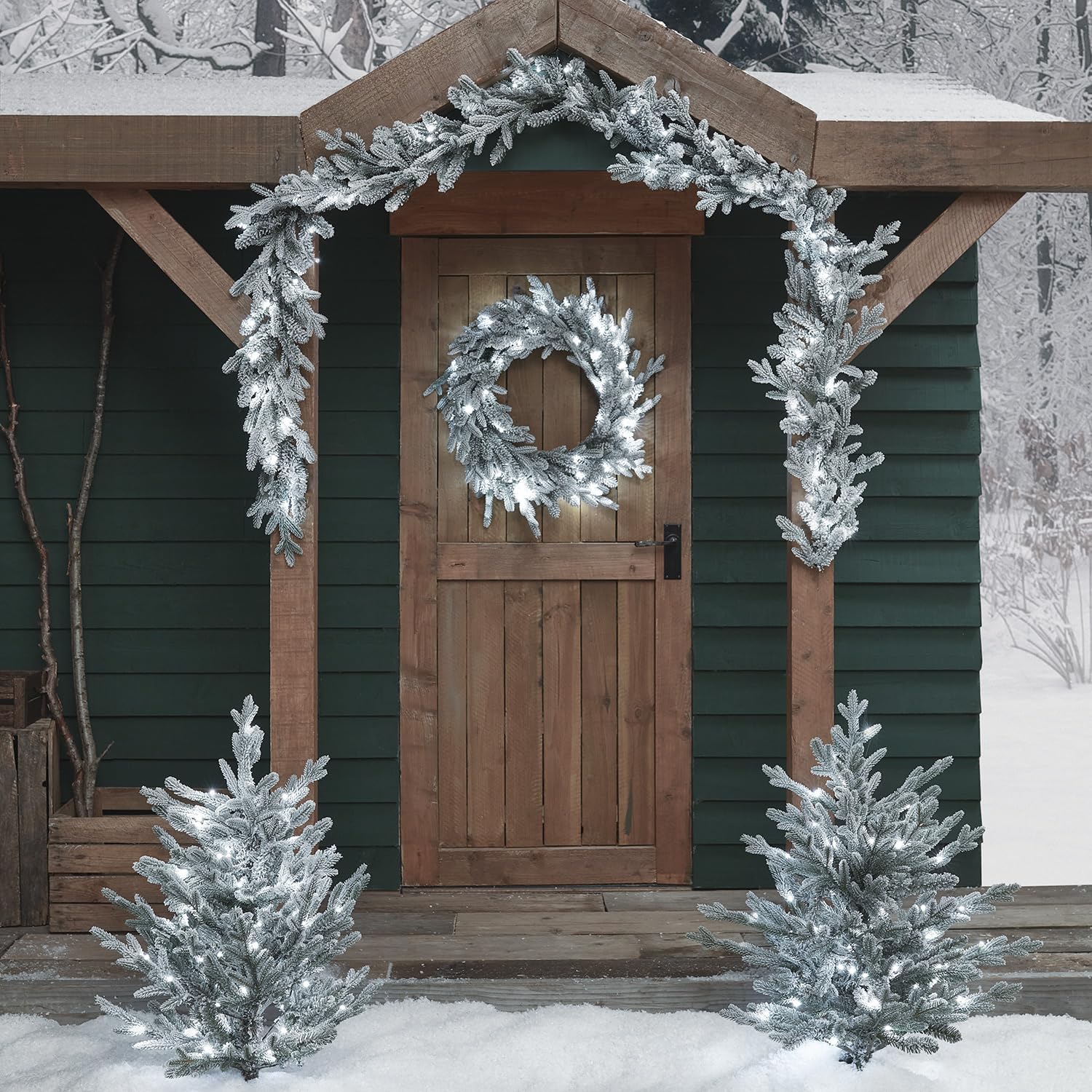 Lights4fun 3-in-1 Weihnachtsdeko Set LED beleuchtet Künstliche Girlande Weihnachtskranz beleuchtet Weihnachtsgirlande Tannenbaum Außen Deko Weihnachten
