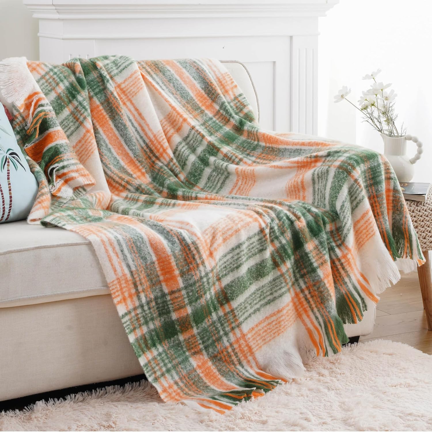 BATTILO Green Plaid Throw Blanket for Couch, Fall Mohair Tartan Plaid Blanket, Farmhouse Style Orange Throw Blankets for Home Decor(50"x60") - Image 2
