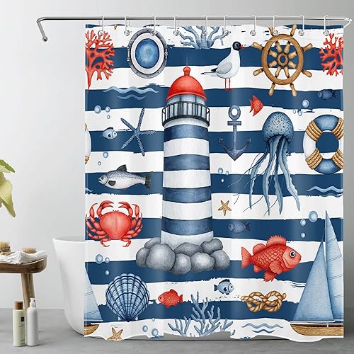 Miniatura 8 de LB Nautical Theme Shower Curtain for Bathroom,Funny Marine Life and Lighthouse Sailboat on Grey Fabric Shower Curtain with Hooks,Country Vintage