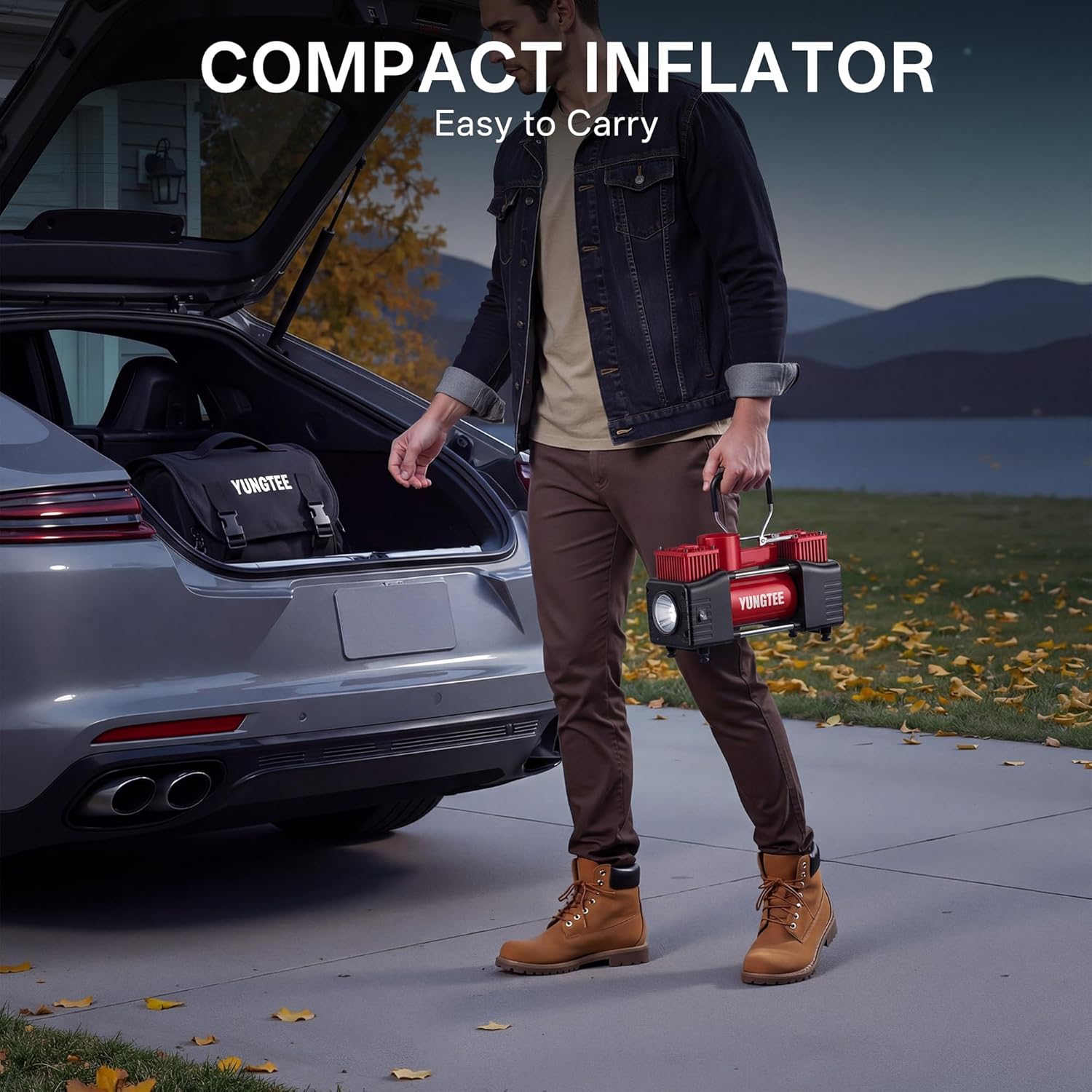 YUNGTEE Tire Inflator Heavy Duty Double Cylinders Direct Drive Inflation Pump,12V Portable Air Compressor Pump with Emergency LED Light - 150PSI Tire Pump,Apply to Car,SUV,RV - Image 6