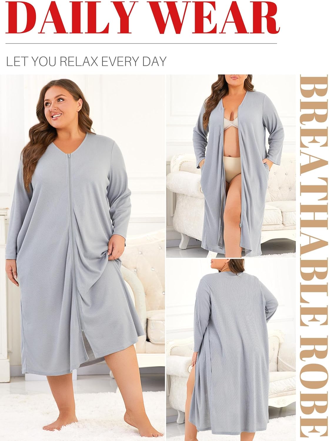 Hellomamma Womens Zipper Waffle Robes: Plus Size Long Sleeve Robe Lightweight Bath Loungewear for Maternity Postpartum