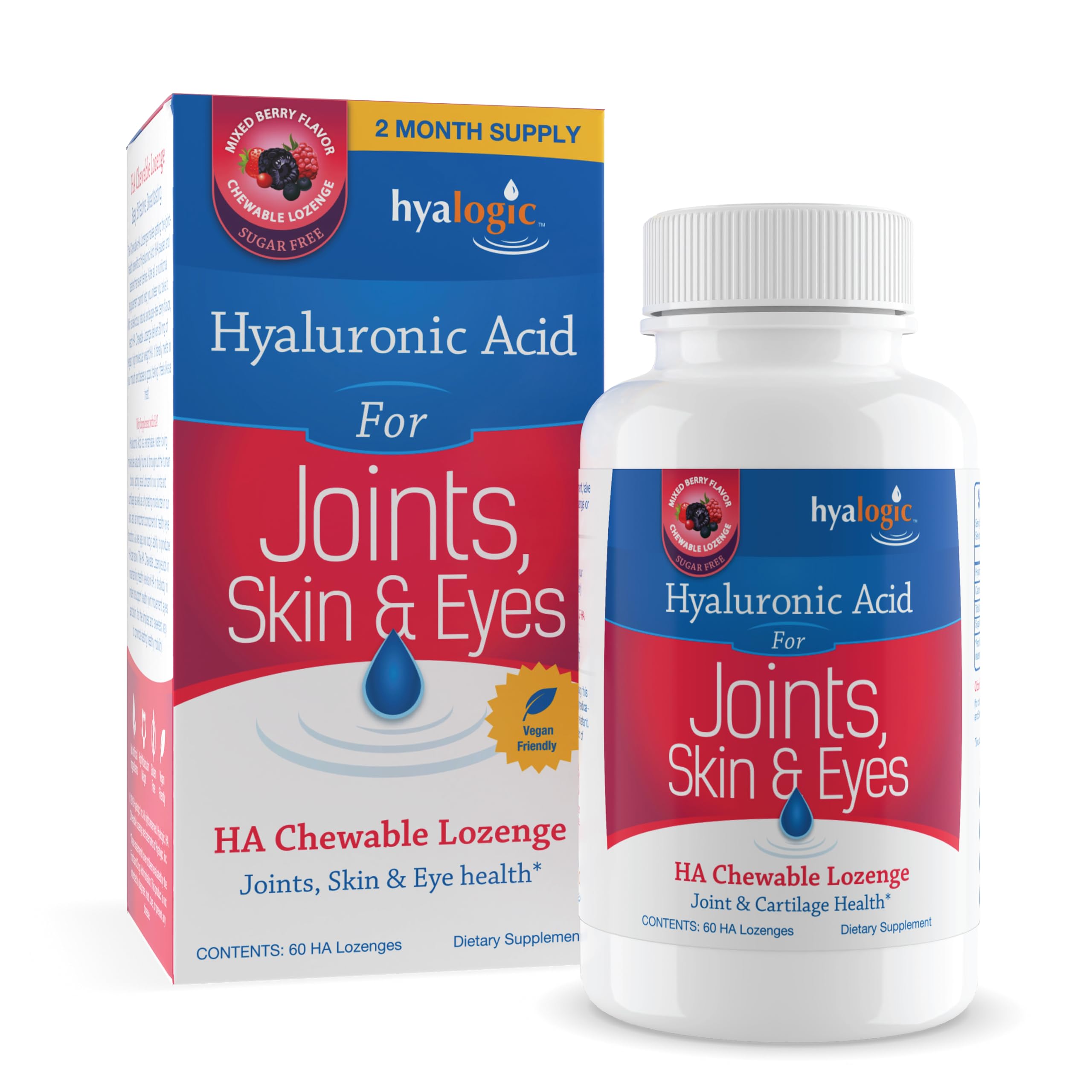 Hyalogic Hyaluronic Acid Chewable Lozenge - Chewable Tablets for Skin Care & Eyes – Vegan, Sugar-Free and Berry Favored Hyaluronic Acid Supplements (60 Count)