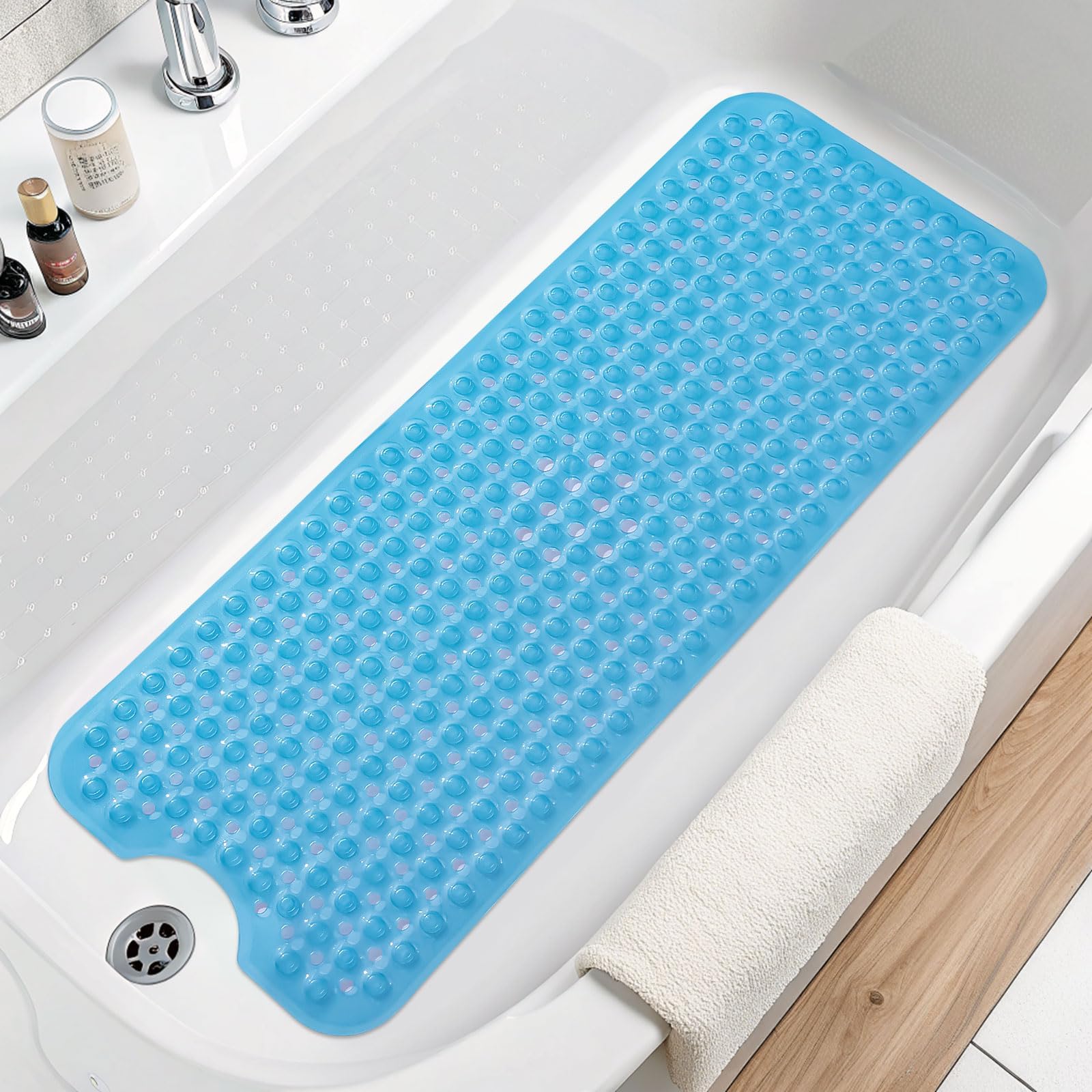 Arotive Bath Tub and Shower Mats, Extra Long Non-Slip 39 x 15 Inch Bath Mat with Drain Holes and Suction Cups, Bath Mats for Inside Shower, Machine Washable, Bathroom Essentials, Blue