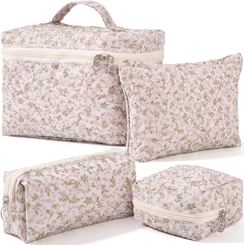 Abbylike Conjunto com 4 estojos de viagem para maquiagem e higiene em tecido, estampa Wildflowers, bege