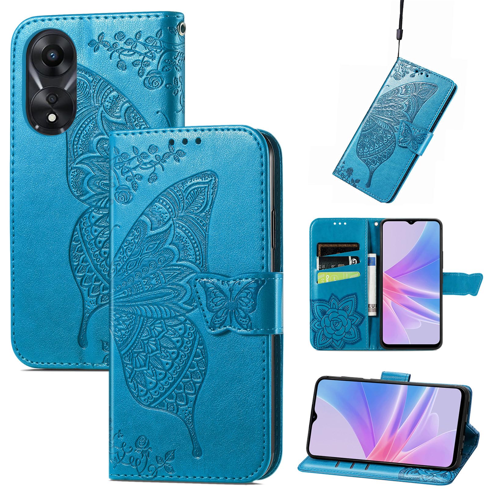 DEDUX Custodia Portafoglio Con Cover Per Oppo A58 4G - Rilievo 3D Farfalle E Fiori, Viola Scuro, Con Supporto E Slot Carte - 2