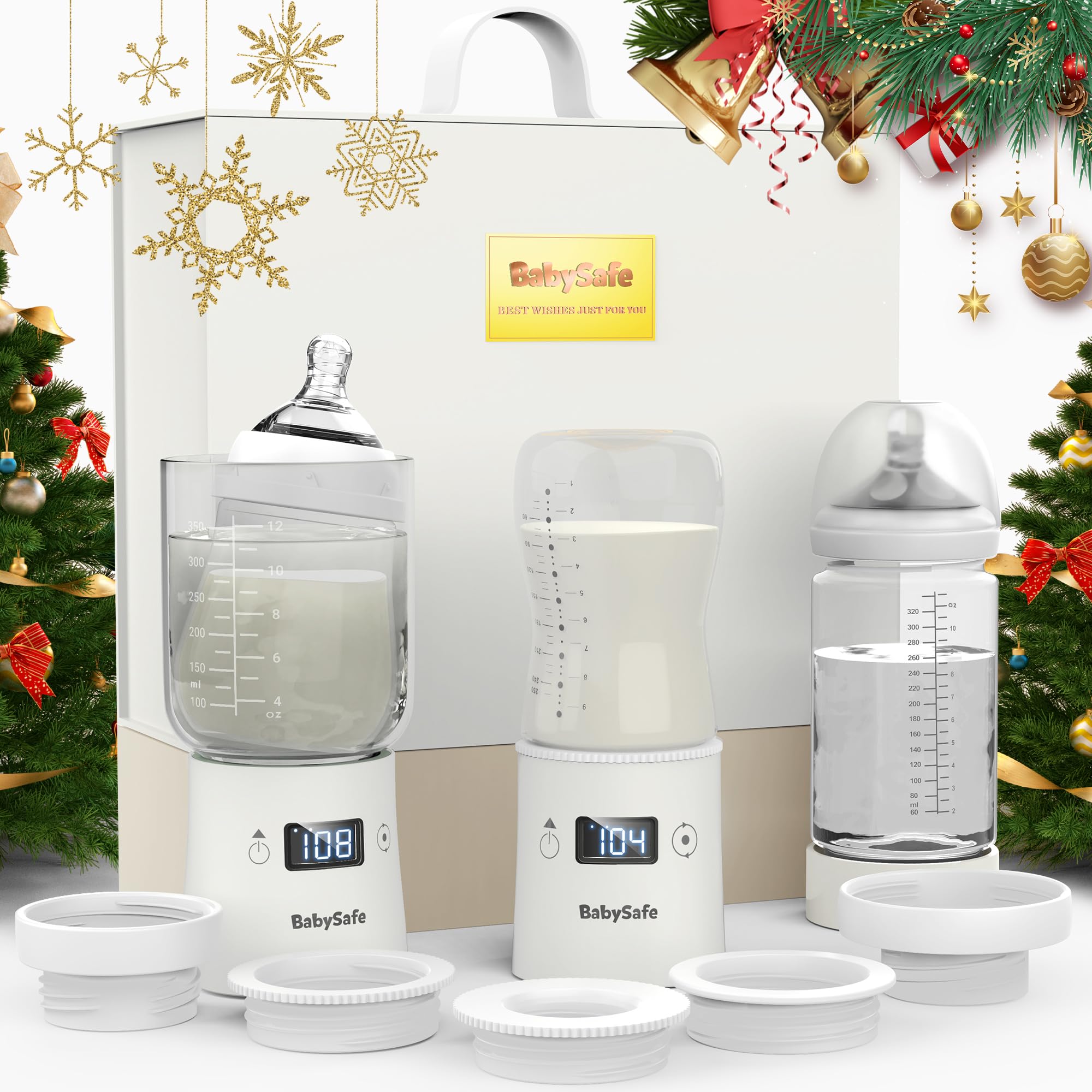 BabySafe Portable Bottle Warmer for Travel, 10 in 1 Baby Bottle Warmer Set with 5 Adapters & 2 Glass Milk Cup, 100W Fast Heating Cordless Rechargeable Travel Bottle Warmer, Baby Gift Set