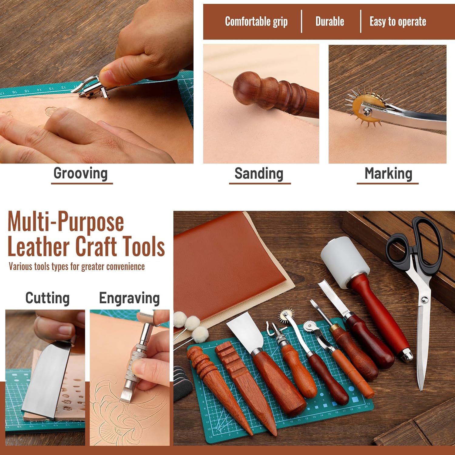 Leather Working Tools Kit, Leather Tooling Kit with Double Layer Storage Box, Heavy Duty Sewing Kit, Professional Working Tools and Supplies for DIY Stamping Cutting Engraving Punching Sewing
