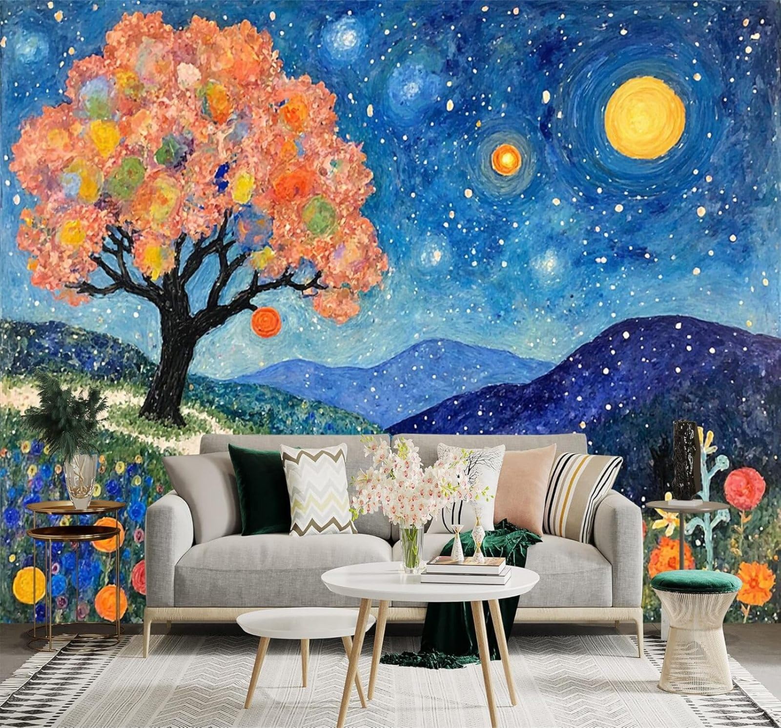 Yuemingdi 430Cm×300Cm(B×H) 3D Wallpaper Abstract Colourful Trees Night Sky Hills Flowers