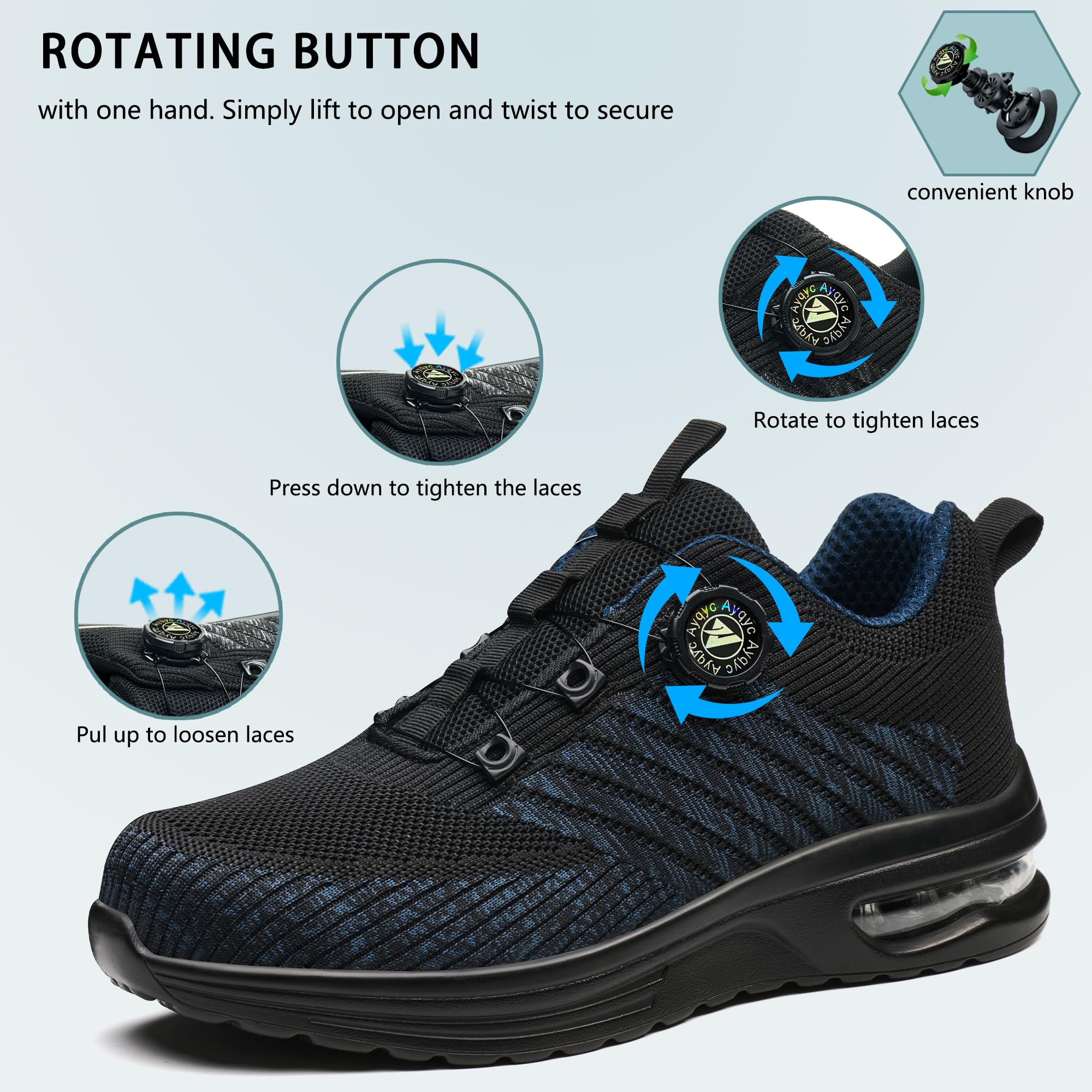 Buty ochronne męskie ze stalowym noskiem, buty ochronne damskie, lekkie buty ochronne, oddychające, antypoślizgowe, robocze buty ochronne z poduszką powietrzną, obrotową klamrą, sznurówki, NIEBIESKI