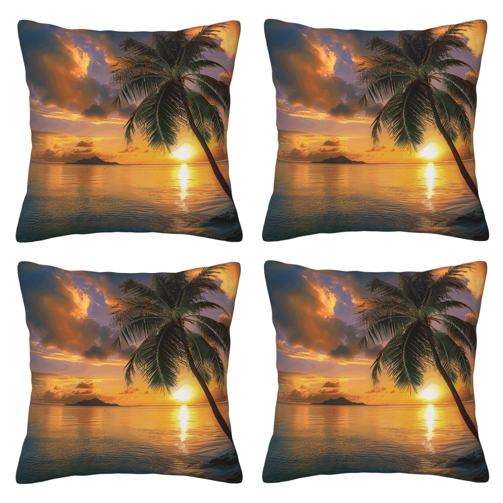 Tropical Hawaii Palm Tree Sea Sunset Throw Pillow Cases 4 Pack Square Pillowcases Super Soft Pillow Protectors With Zipper for Couch Livingroom Sofa Bed Office Car,30x30 CM