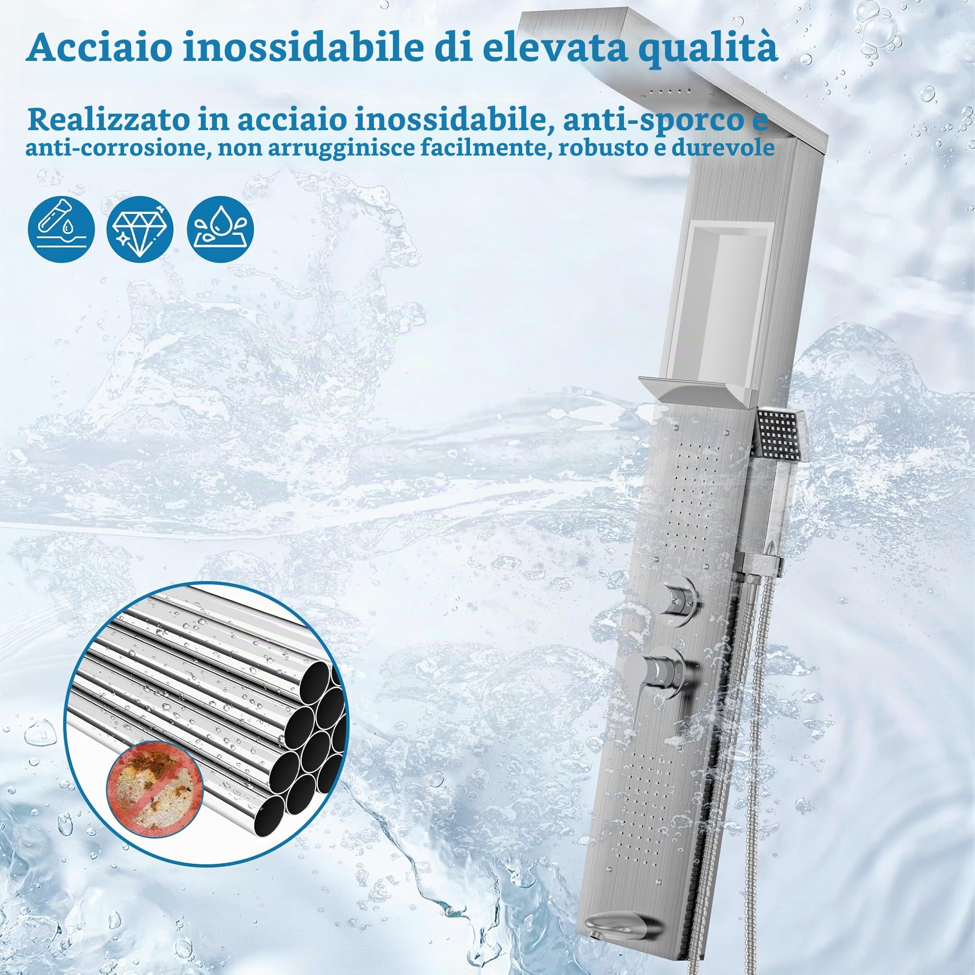 UISEBRT Pannello doccia in acciaio inox, 5 funzioni, set completo con doccia a pioggia, cascata, doccetta, 2 getti massaggianti, beccuccio per vasca (argento spazzolato)