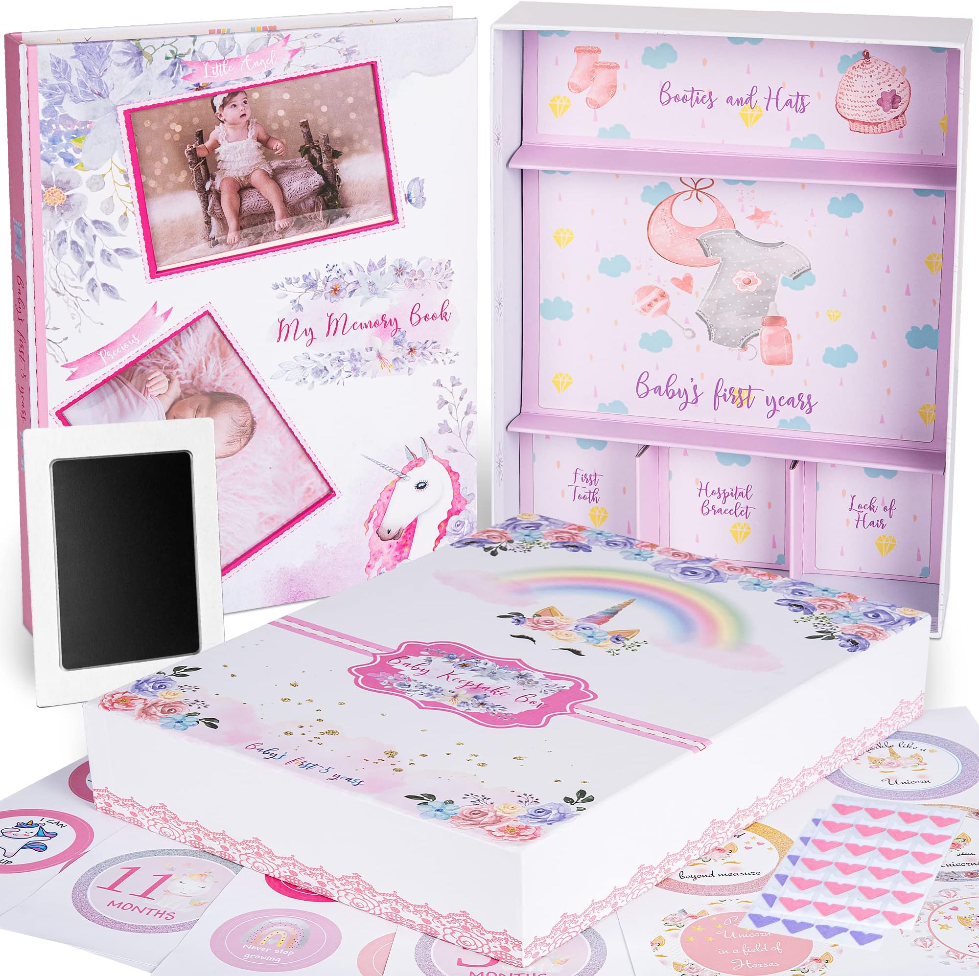 My Memory Book with Keepsake Box, Baby Milestone Stickers, Photo Corners & Footprint Kit, Unicorn Design - Baby First Five Years, Scrapbook, Journal, Photo Album for Newborn to 5
