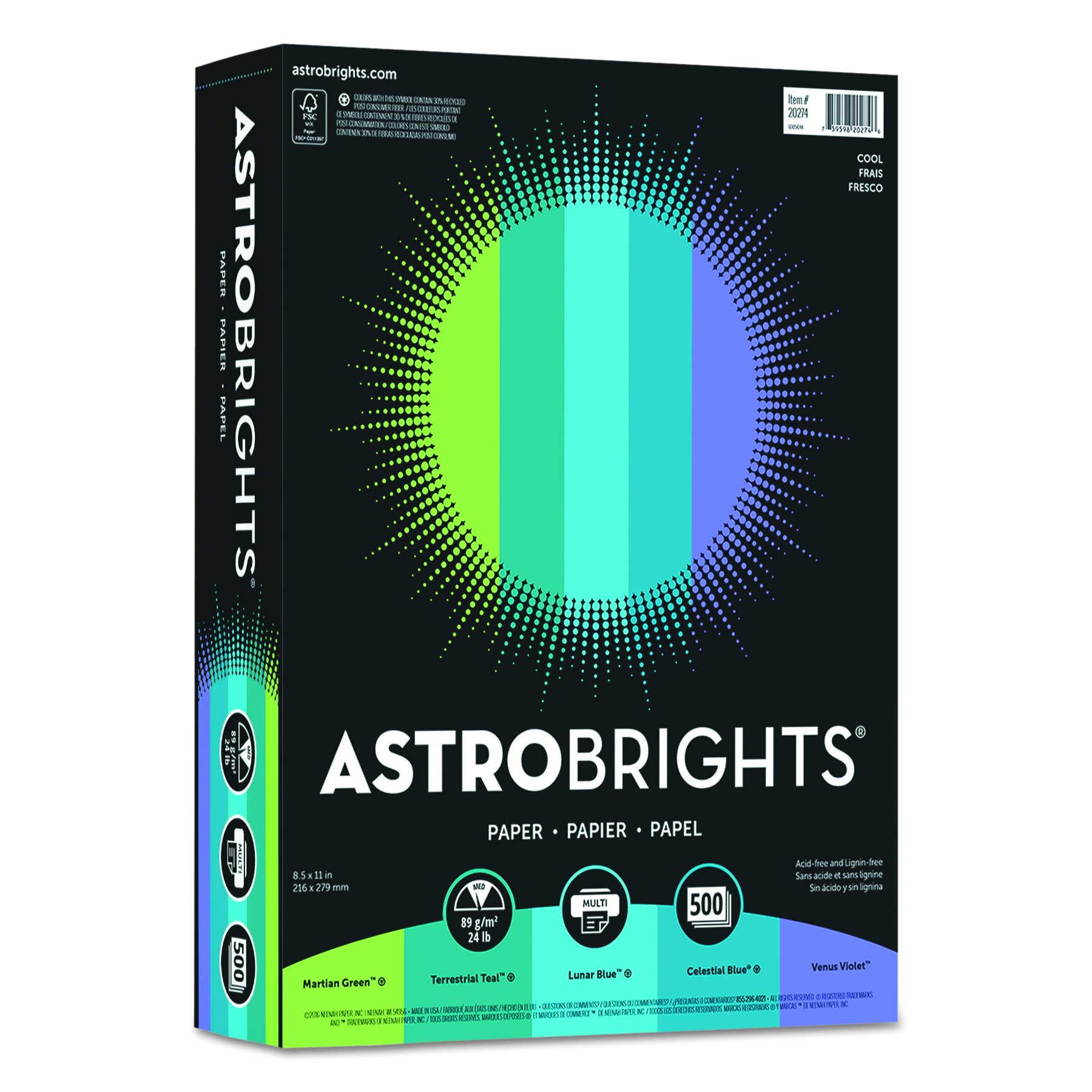 Astrobrights Color Paper, 8.5" x 11", 24 lb / 89 gsm, "Cool" 5-Color Assortment, 500 Sheets